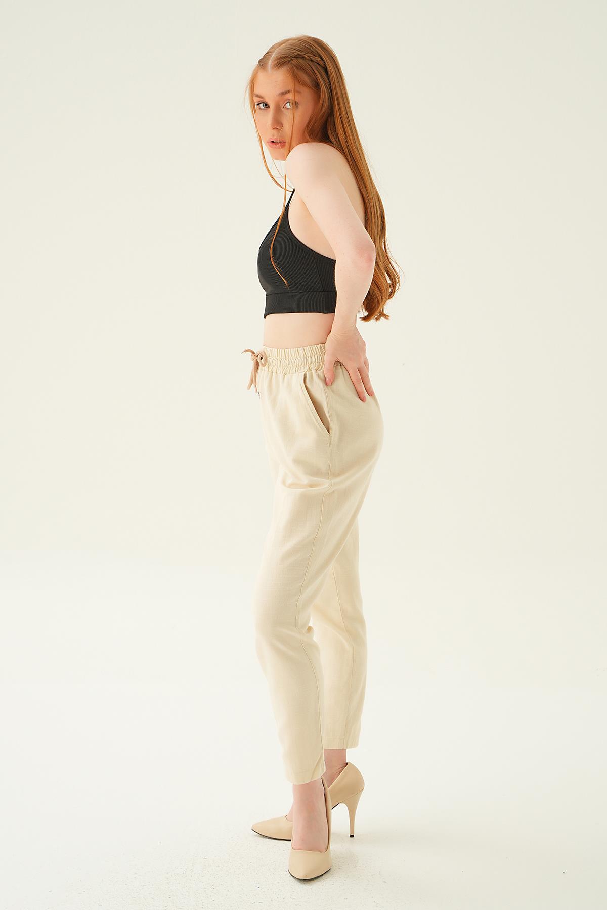 4095A Düğme Detay Bağcıklı Pantolon Taş - 2