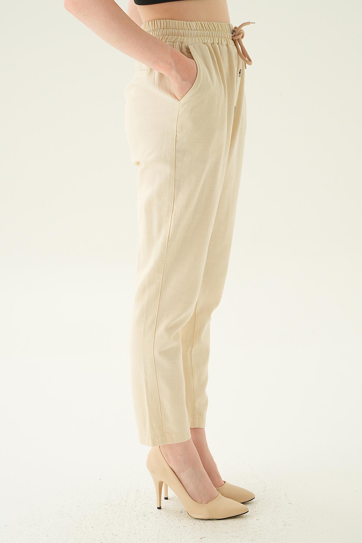 4095A Düğme Detay Bağcıklı Pantolon Taş - 4