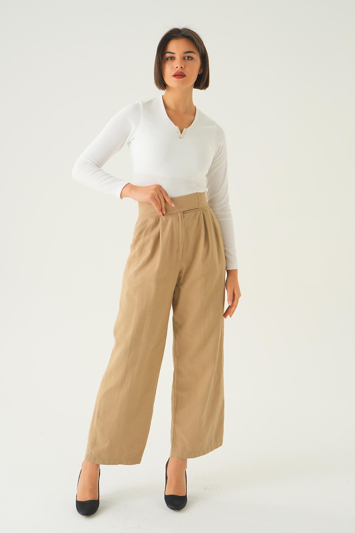 Bej Cırtlı Palazzo Pantolon 4096A 