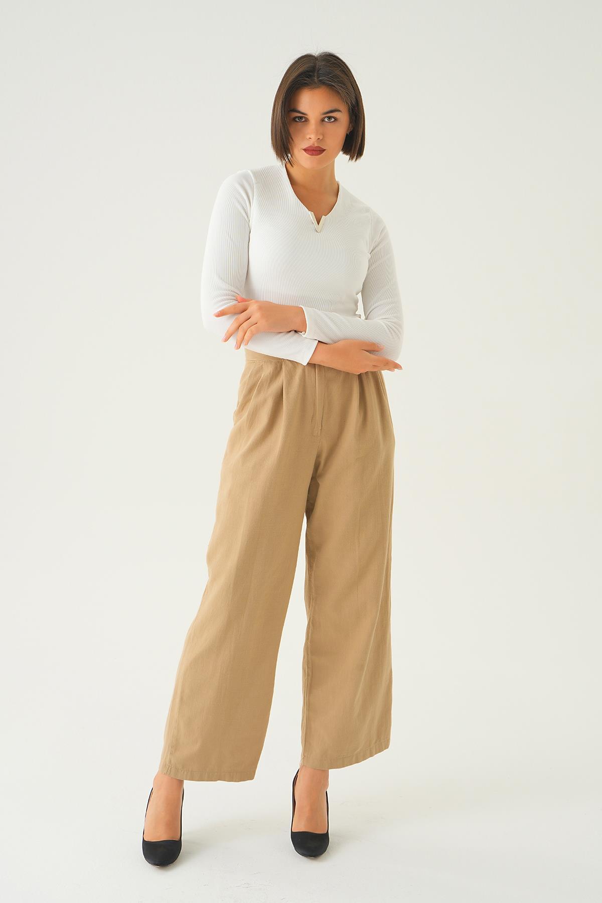Bej Cırtlı Palazzo Pantolon 4096A - 2