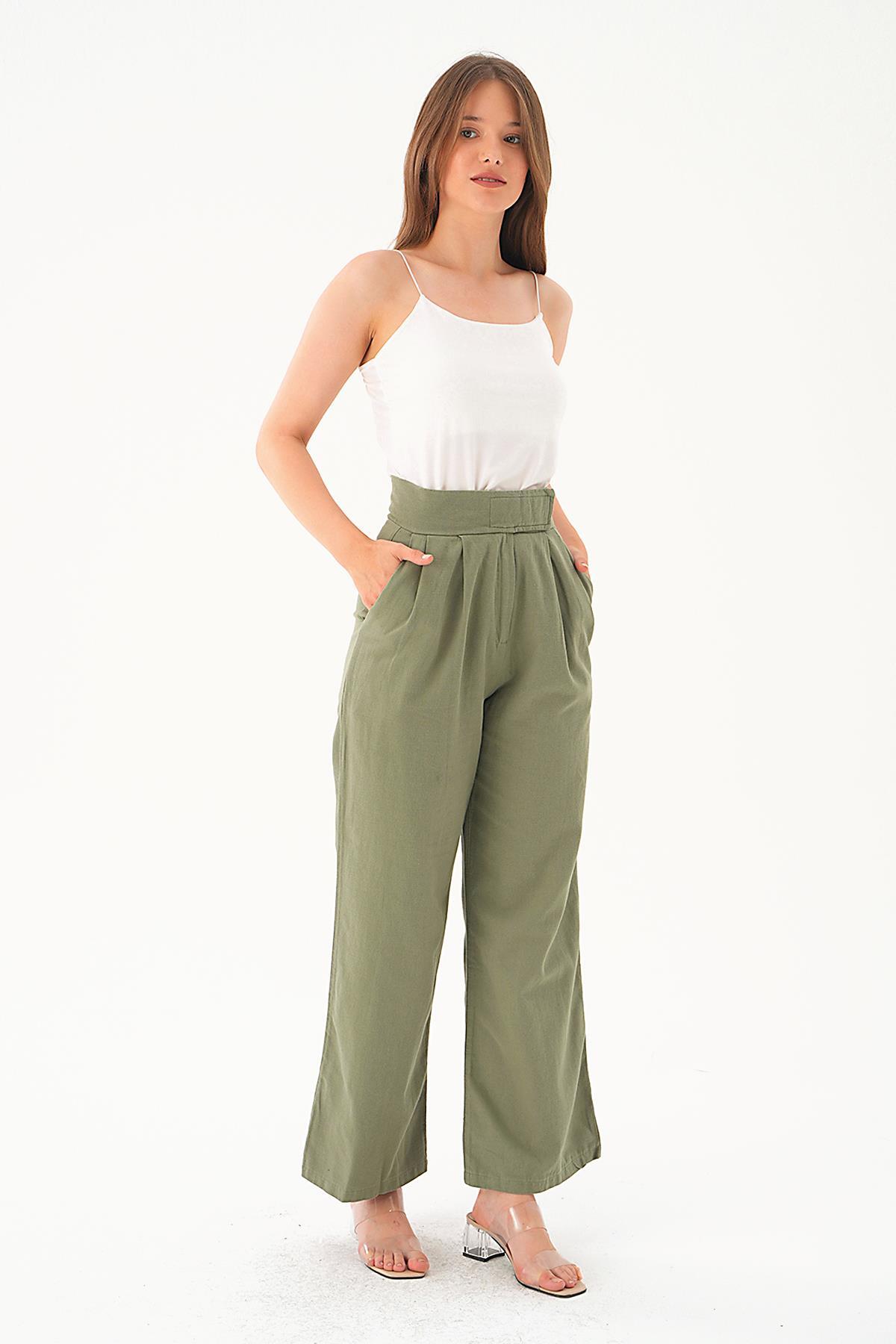Haki Cırtlı Palazzo Pantolon 4096A - 2