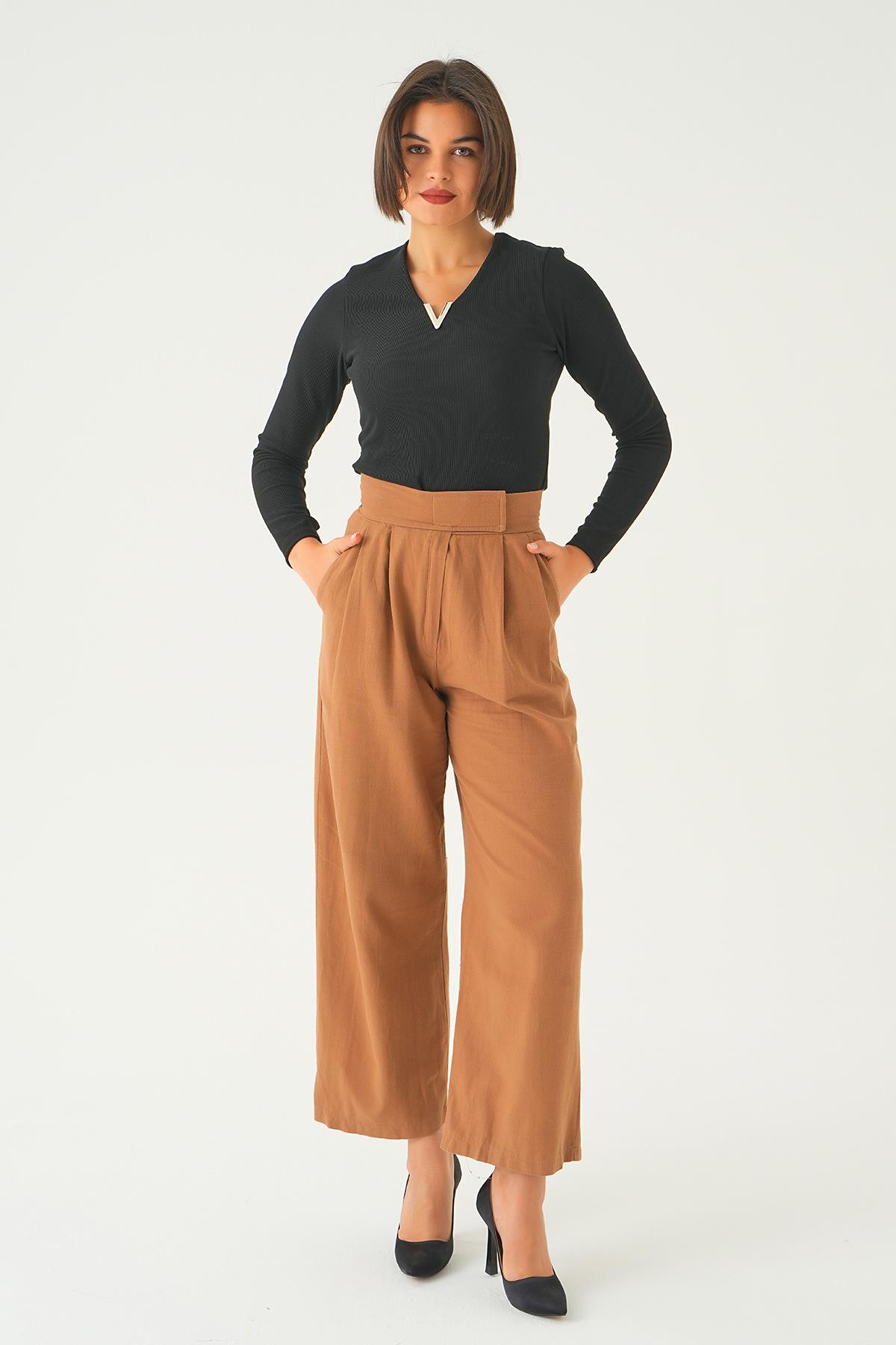 4096A Cırtlı Palazzo Pantolon Vizon 