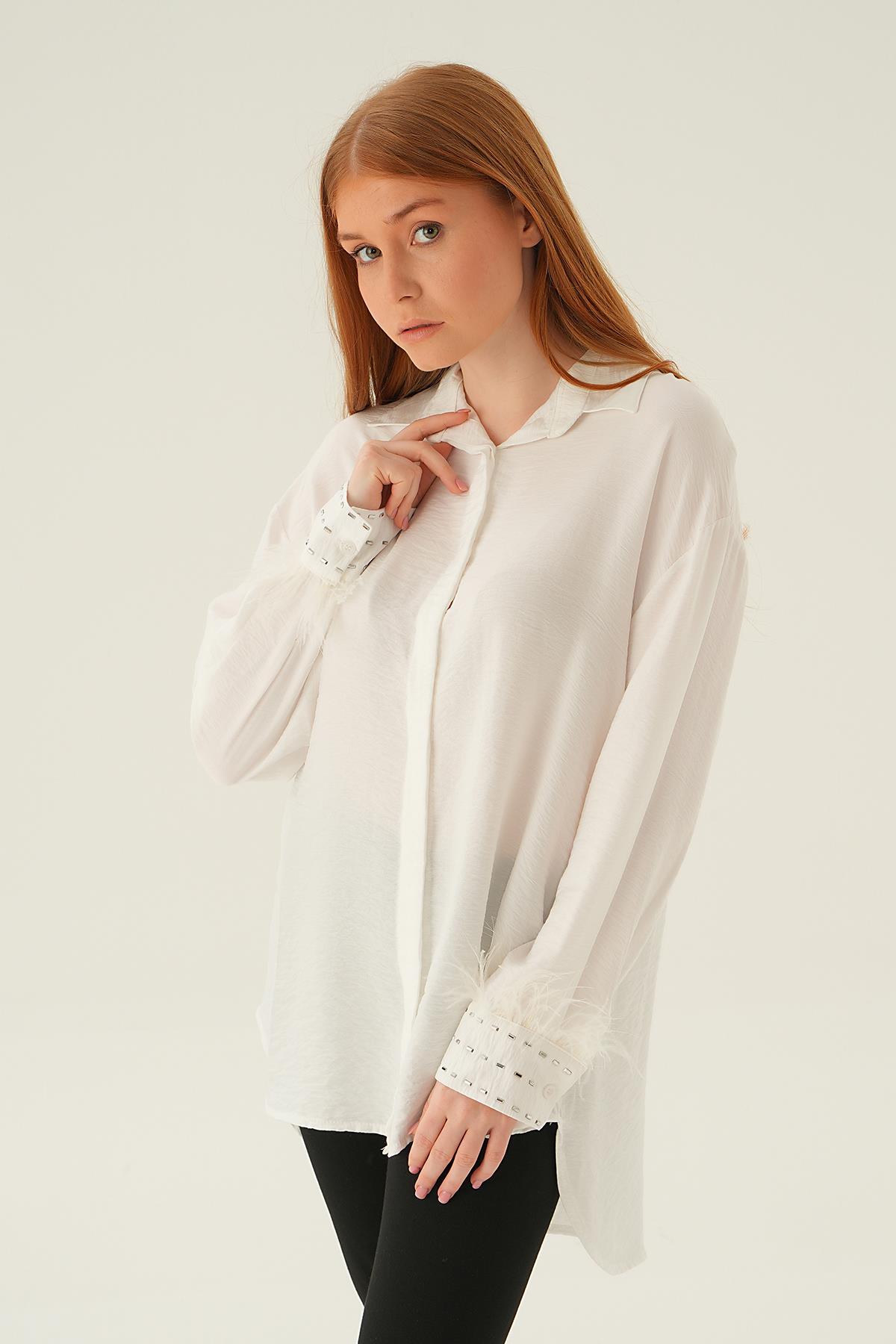 4097 Bilek Tüy Detay Gömlek Beyaz 