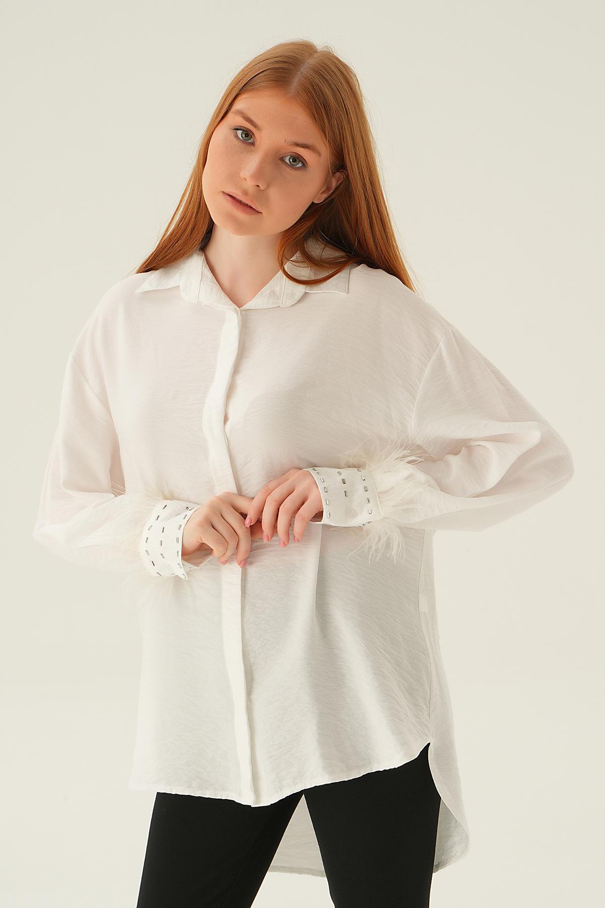 4097 Bilek Tüy Detay Gömlek Beyaz - 3