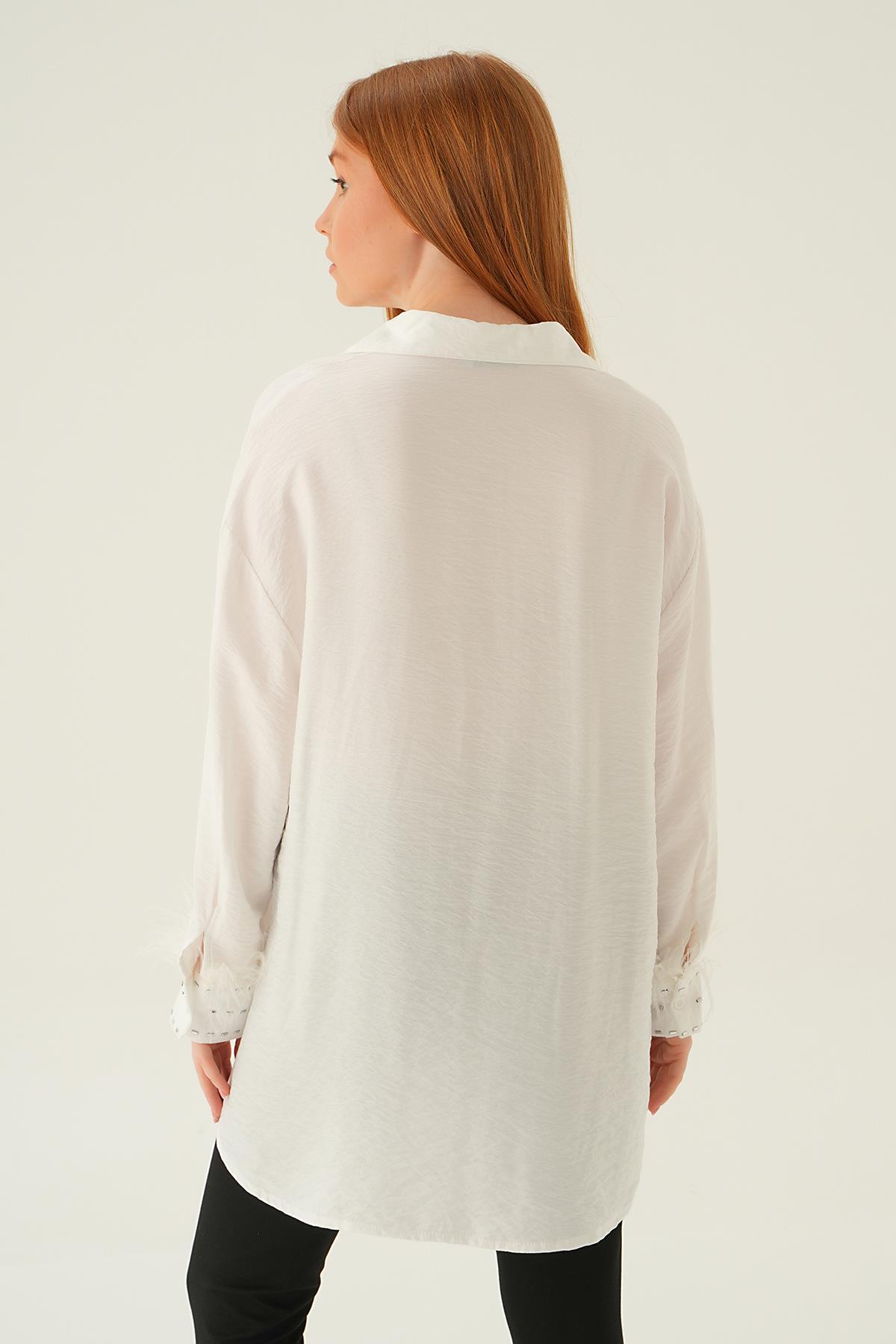 4097 Bilek Tüy Detay Gömlek Beyaz - 4