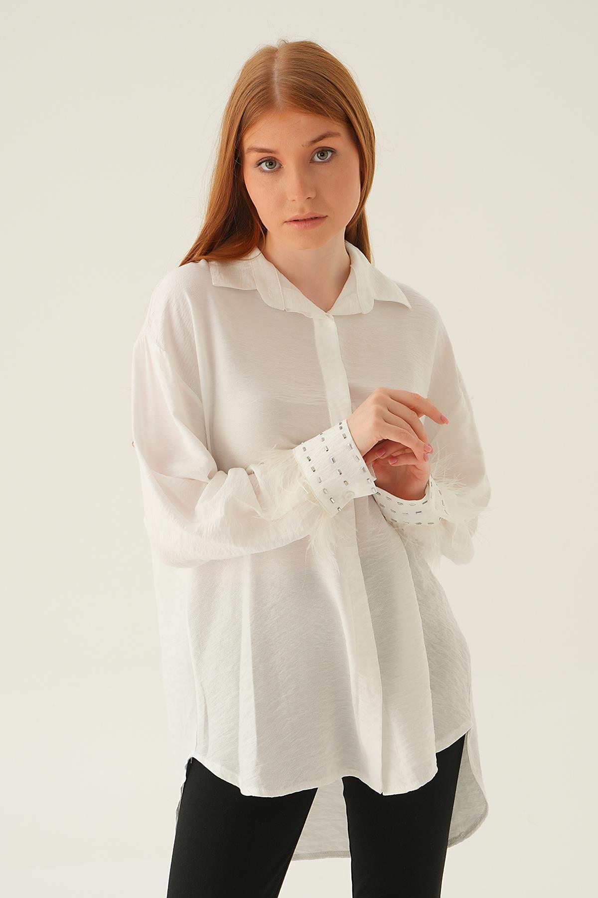 4097 Bilek Tüy Detay Gömlek Beyaz - 5