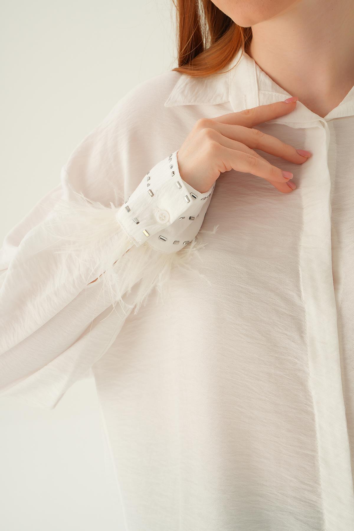 Beyaz Bilek Tüy Detay Gömlek 4097 - 6