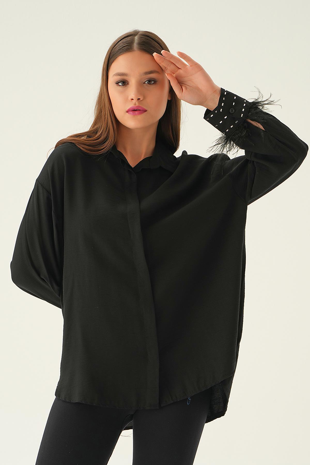 Siyah Bilek Tüy Detay Gömlek 4097 - 1