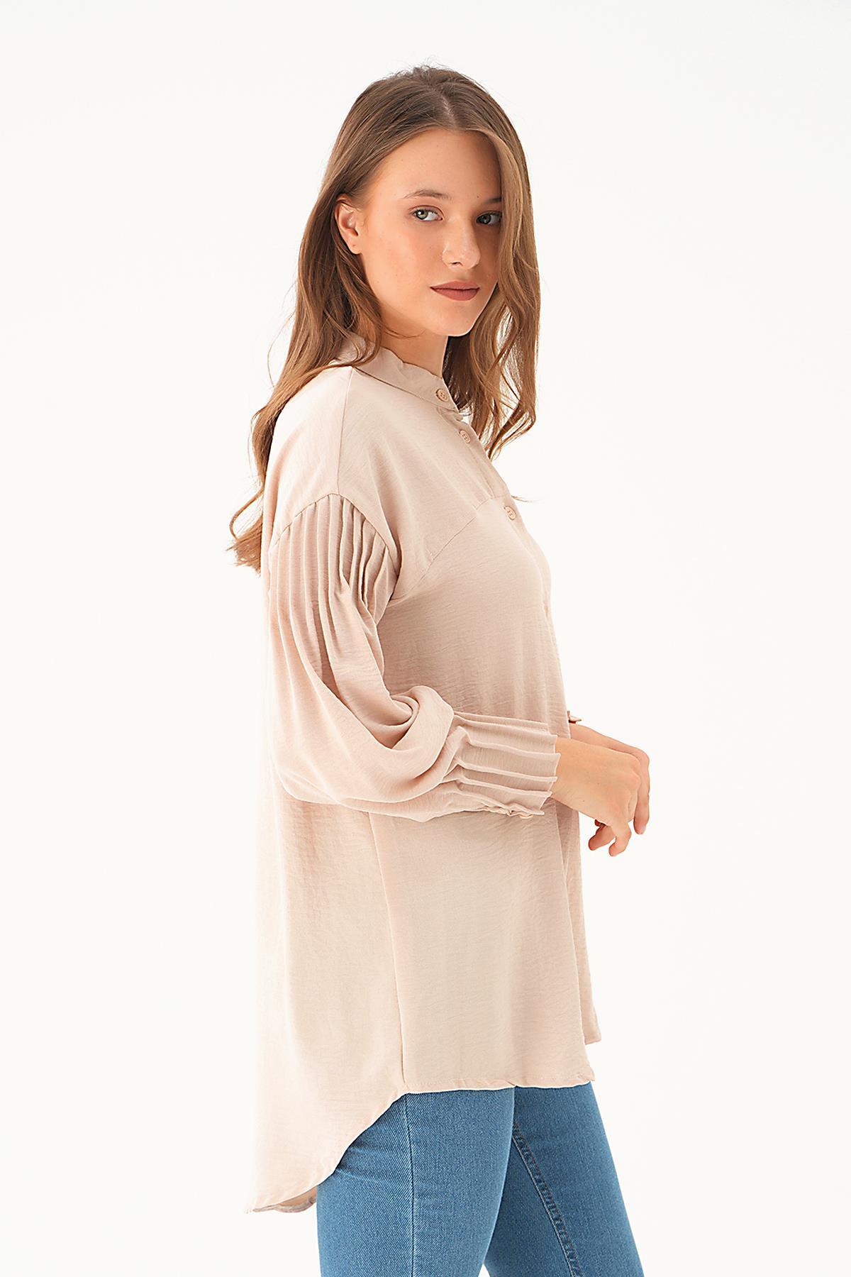 Bej Kol Drape Detay Gömlek 4098A - 4