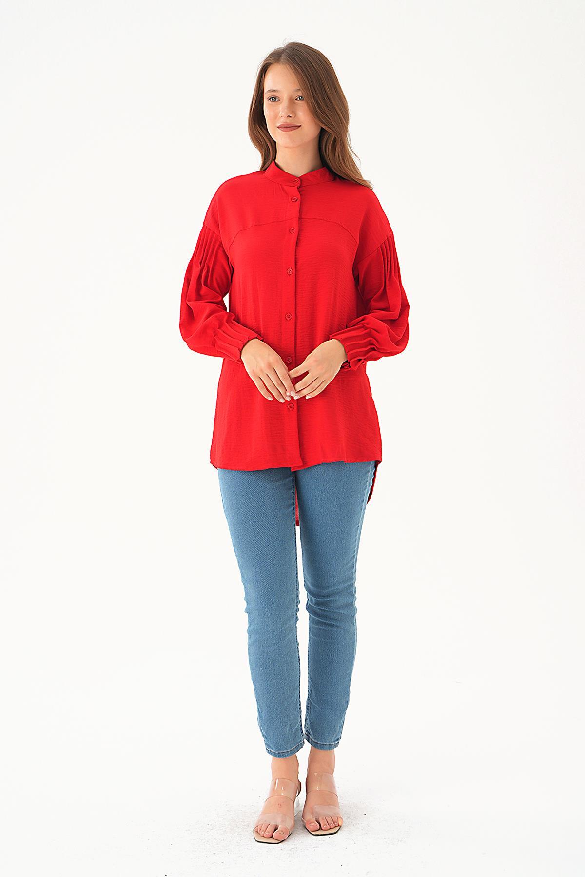 4098A Kol Drape Detay Gömlek Kırmızı 