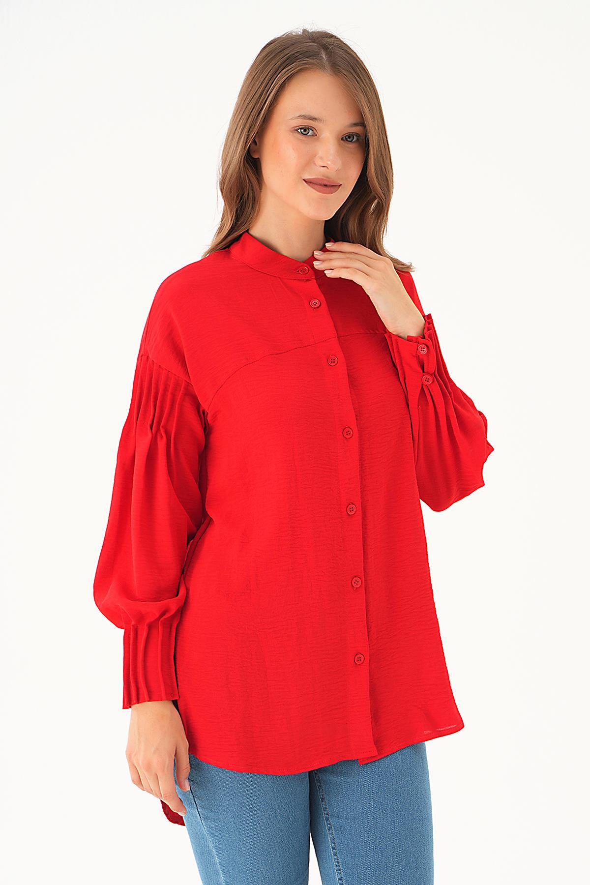 Kırmızı Kol Drape Detay Gömlek 4098A - 2