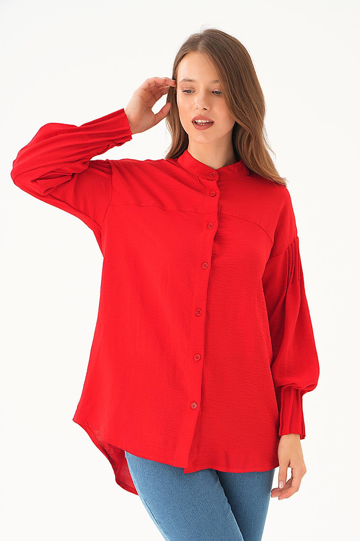 Kırmızı Kol Drape Detay Gömlek 4098A - 3