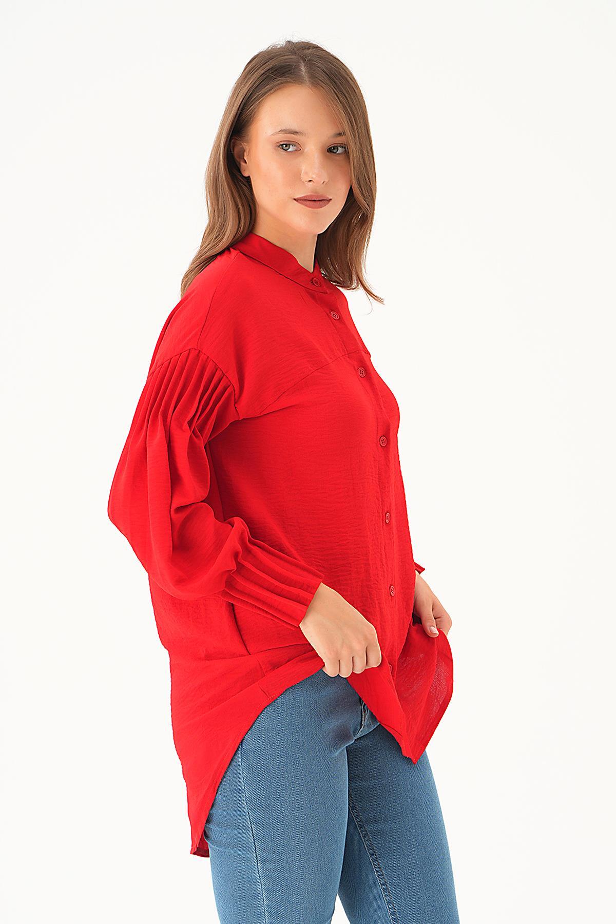 Kırmızı Kol Drape Detay Gömlek 4098A - 4