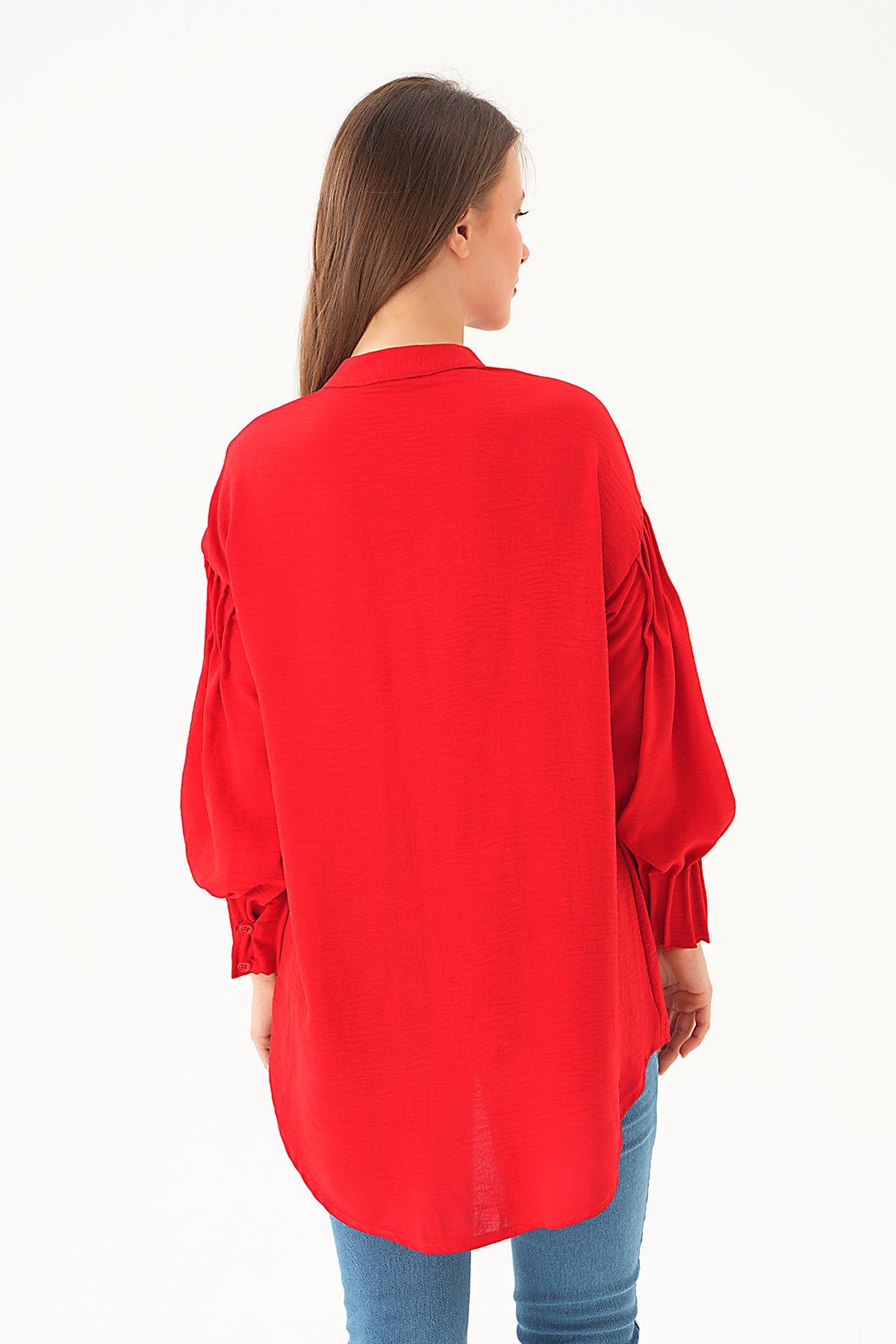 Kırmızı Kol Drape Detay Gömlek 4098A - 5