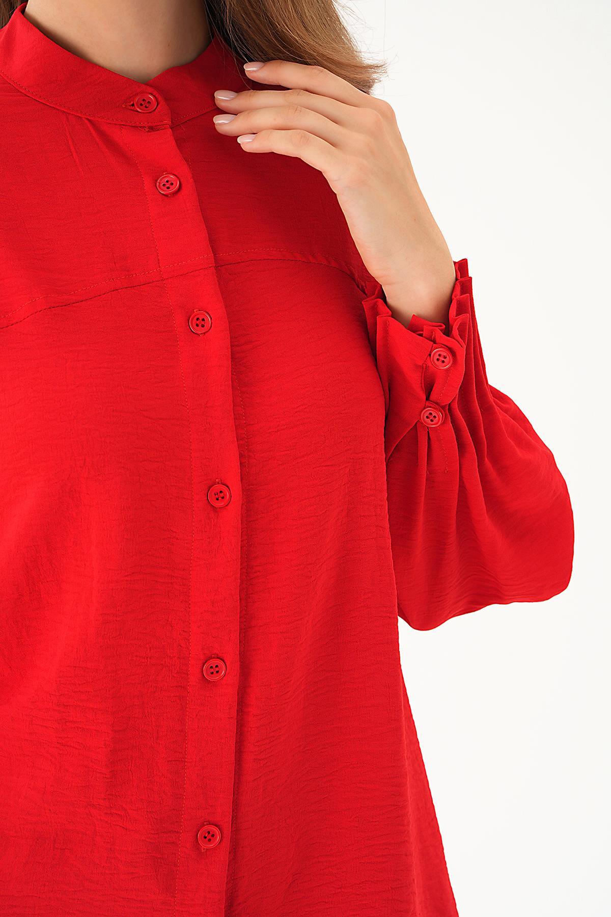 Kırmızı Kol Drape Detay Gömlek 4098A - 6
