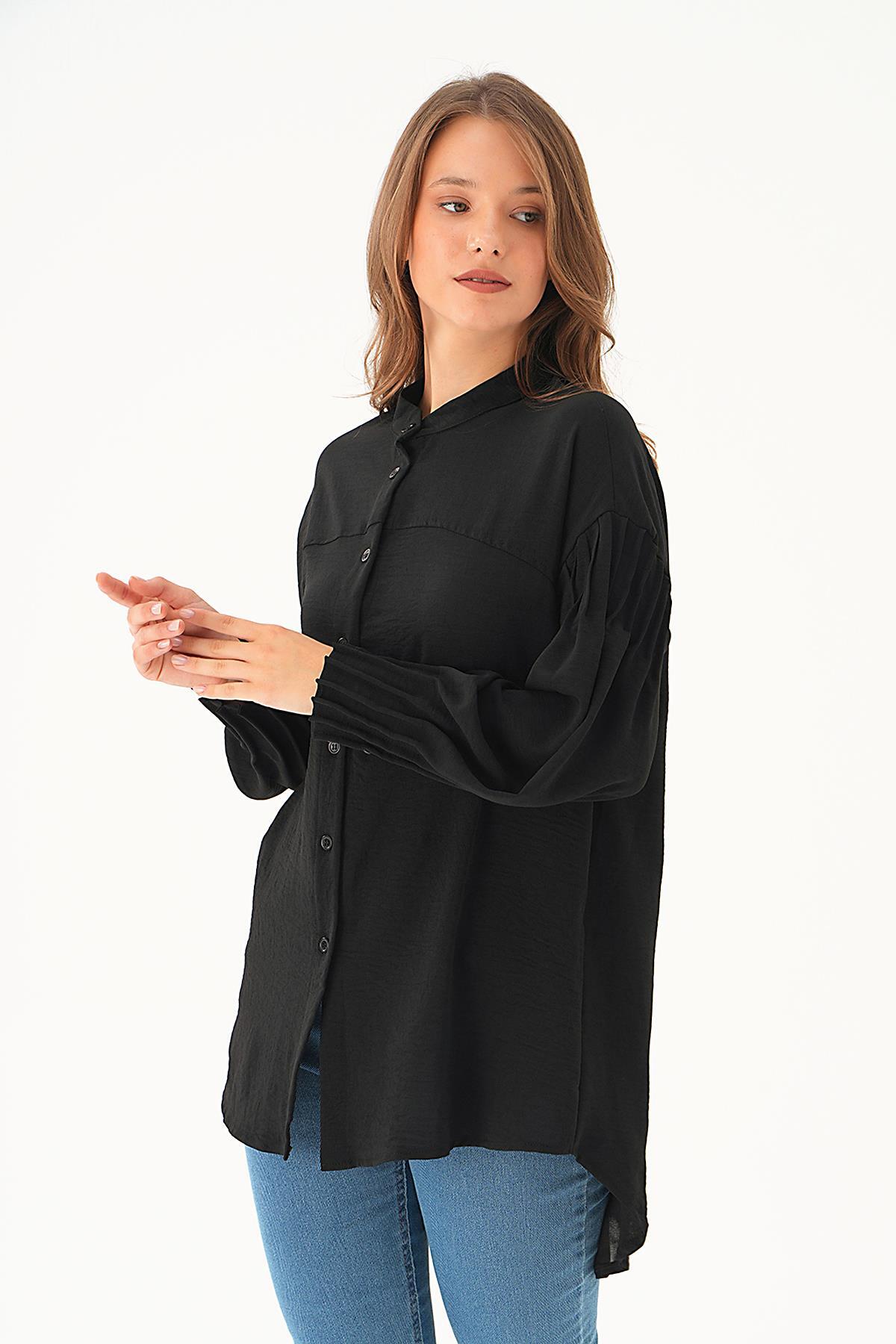 Siyah Kol Drape Detay Gömlek 4098A - 2