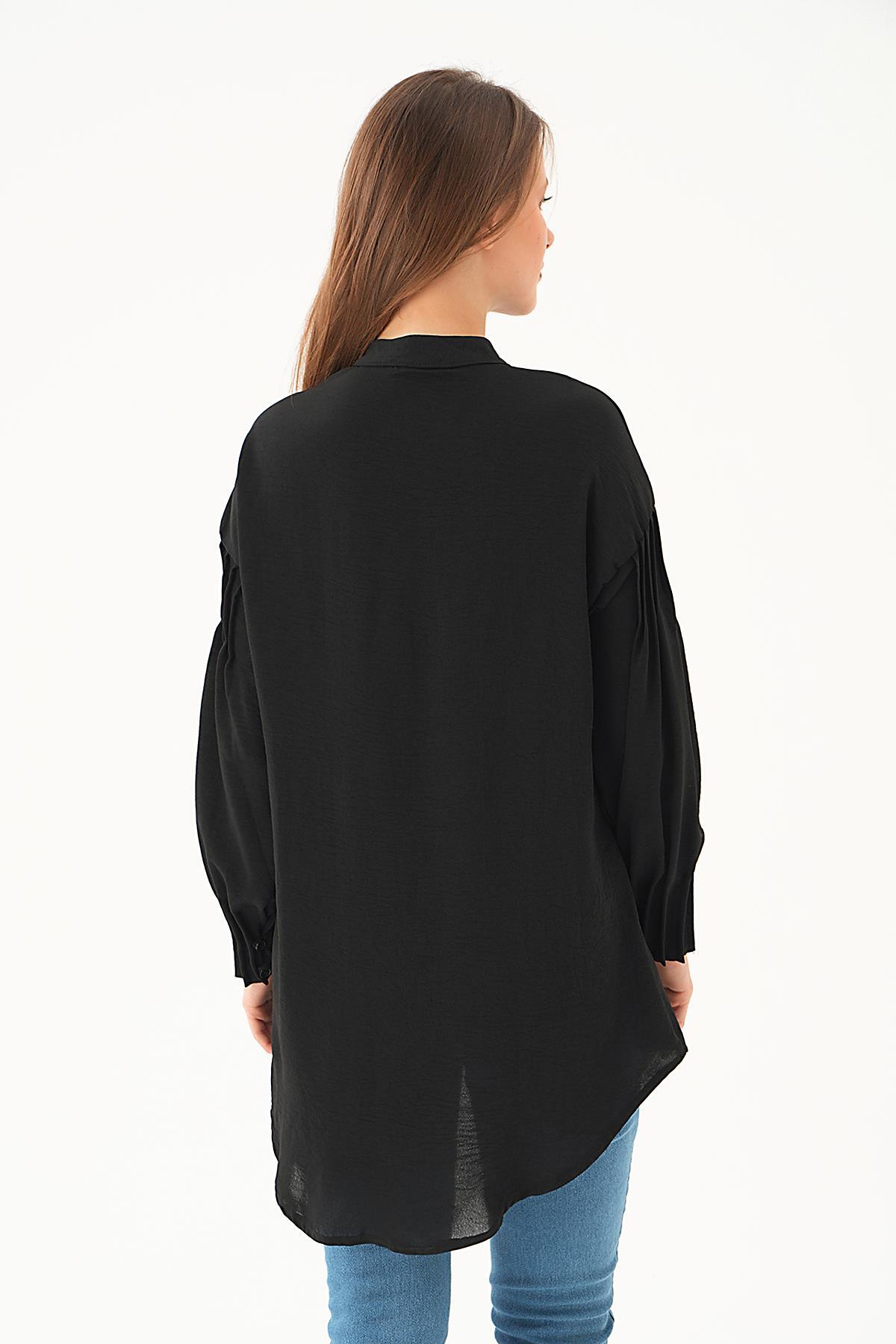 Siyah Kol Drape Detay Gömlek 4098A - 5