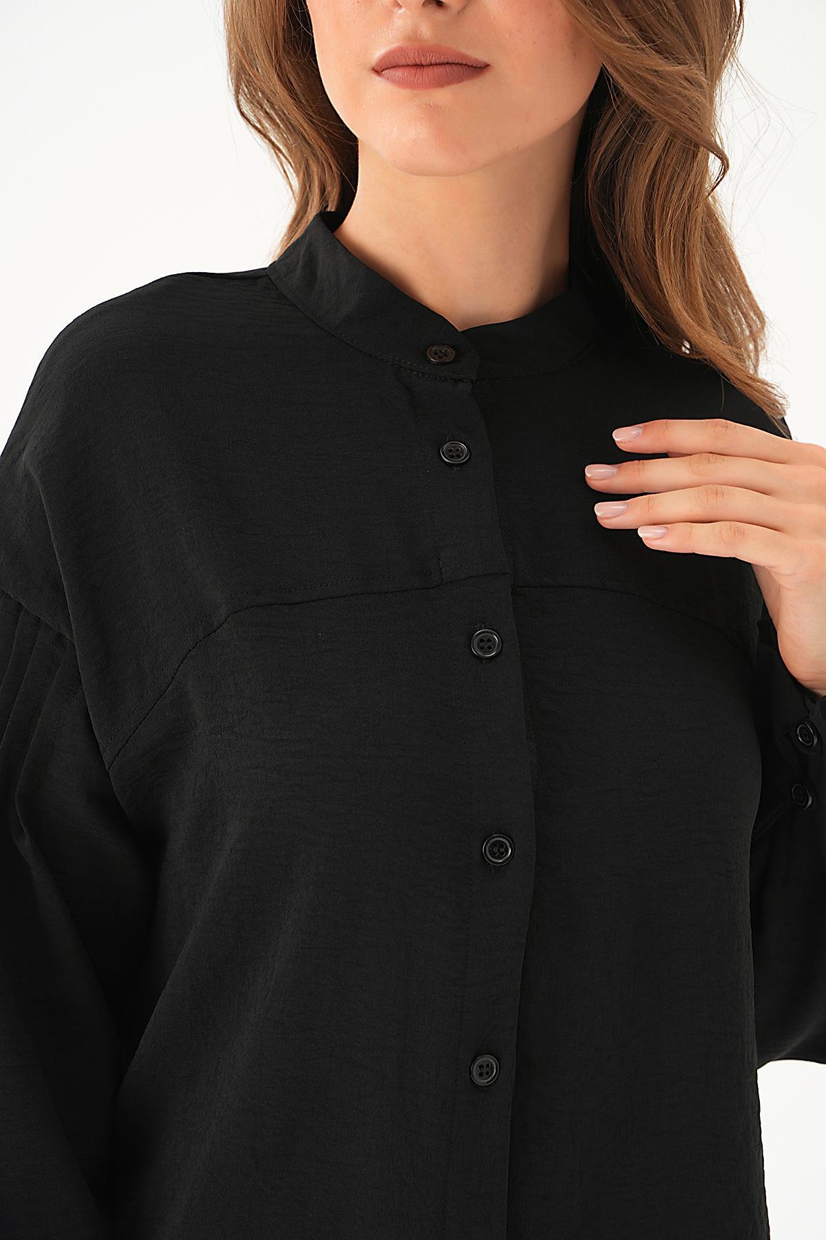 Siyah Kol Drape Detay Gömlek 4098A - 6