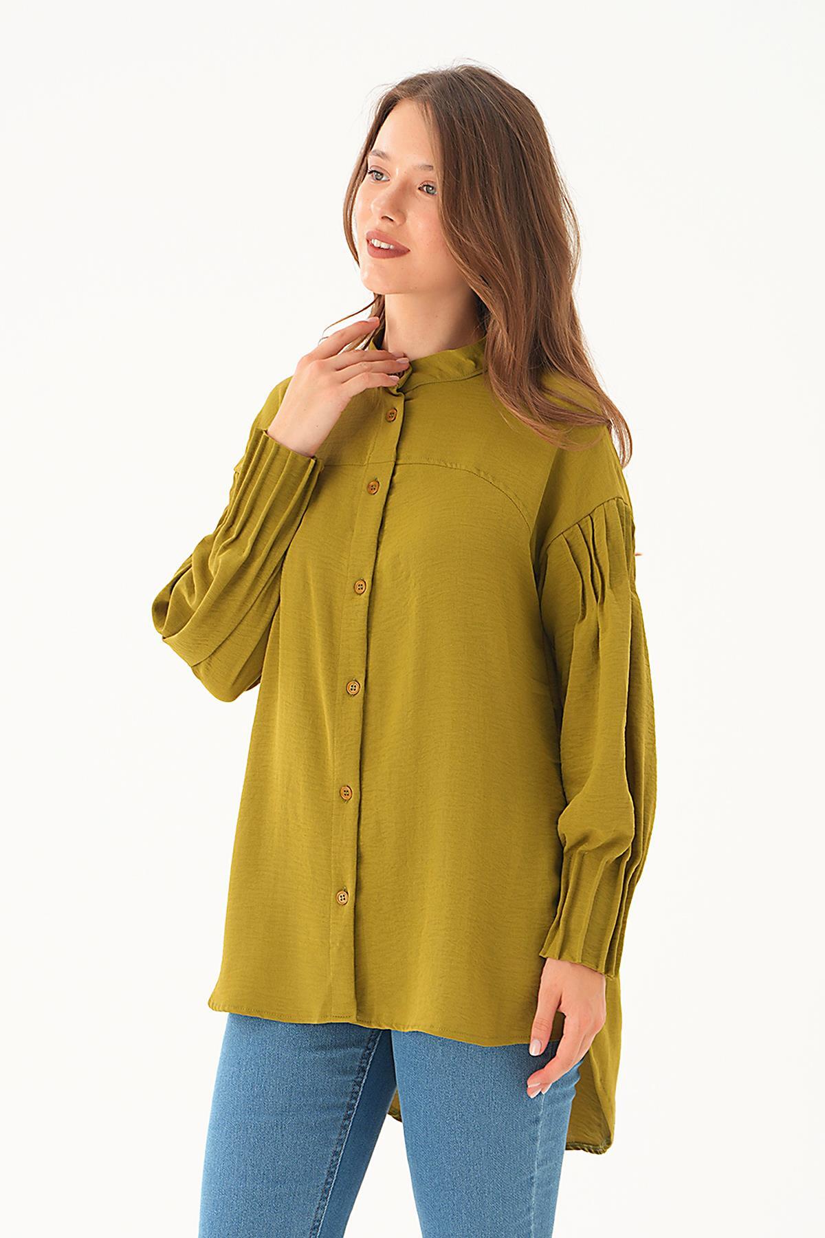 Yağ Yeşili Kol Drape Detay Gömlek 4098A - 3