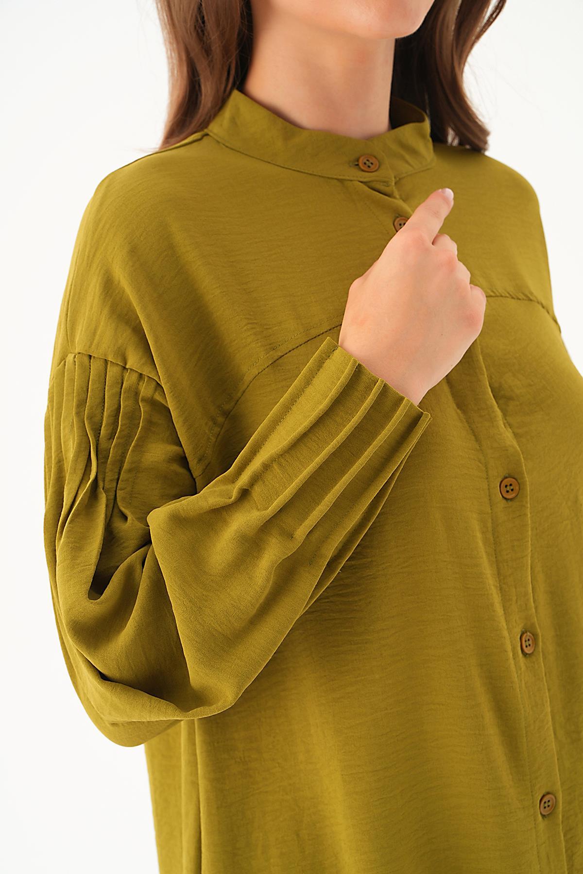Yağ Yeşili Kol Drape Detay Gömlek 4098A - 6