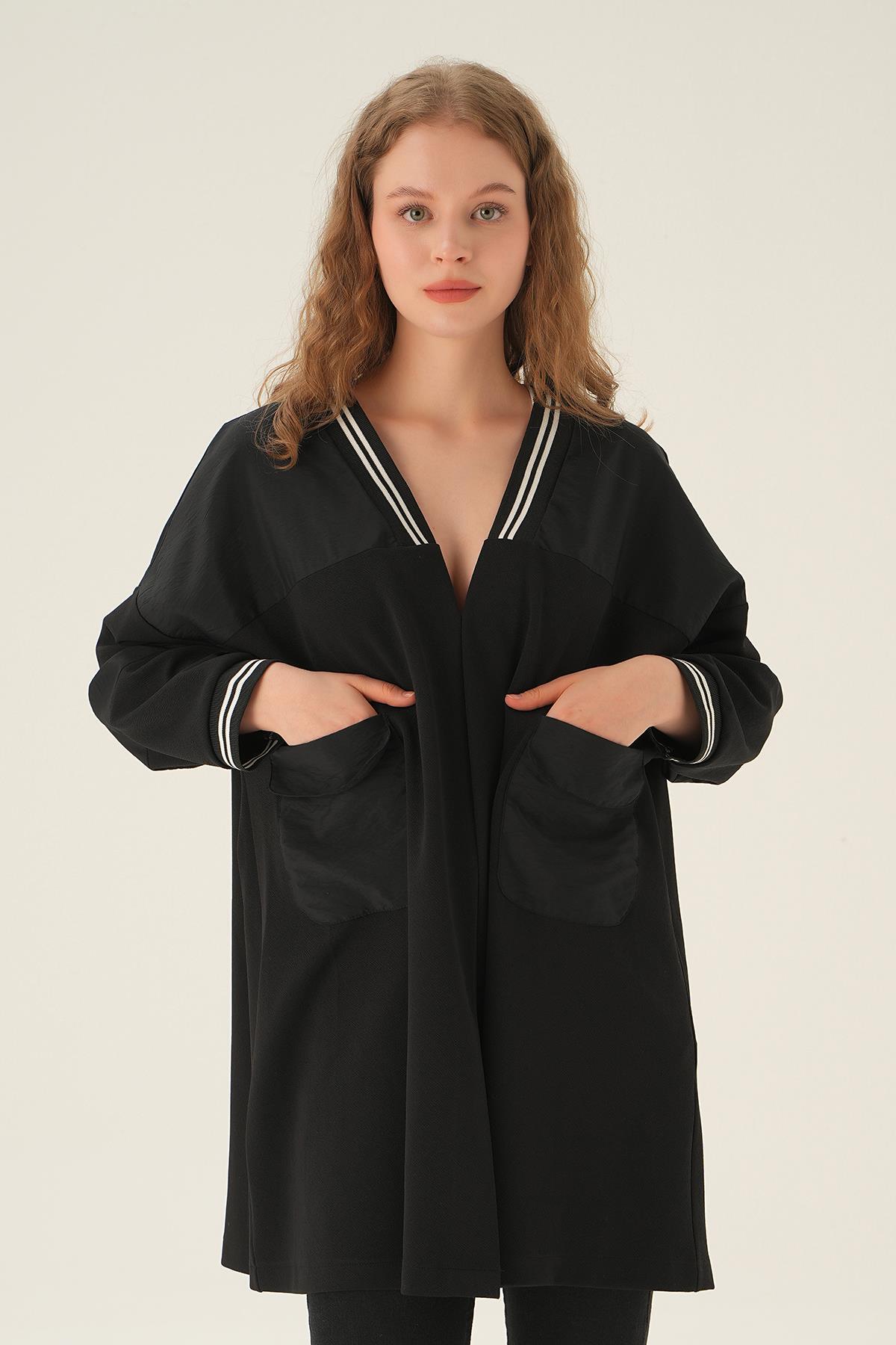 4099A Taşlı Uzun Kimono Siyah 