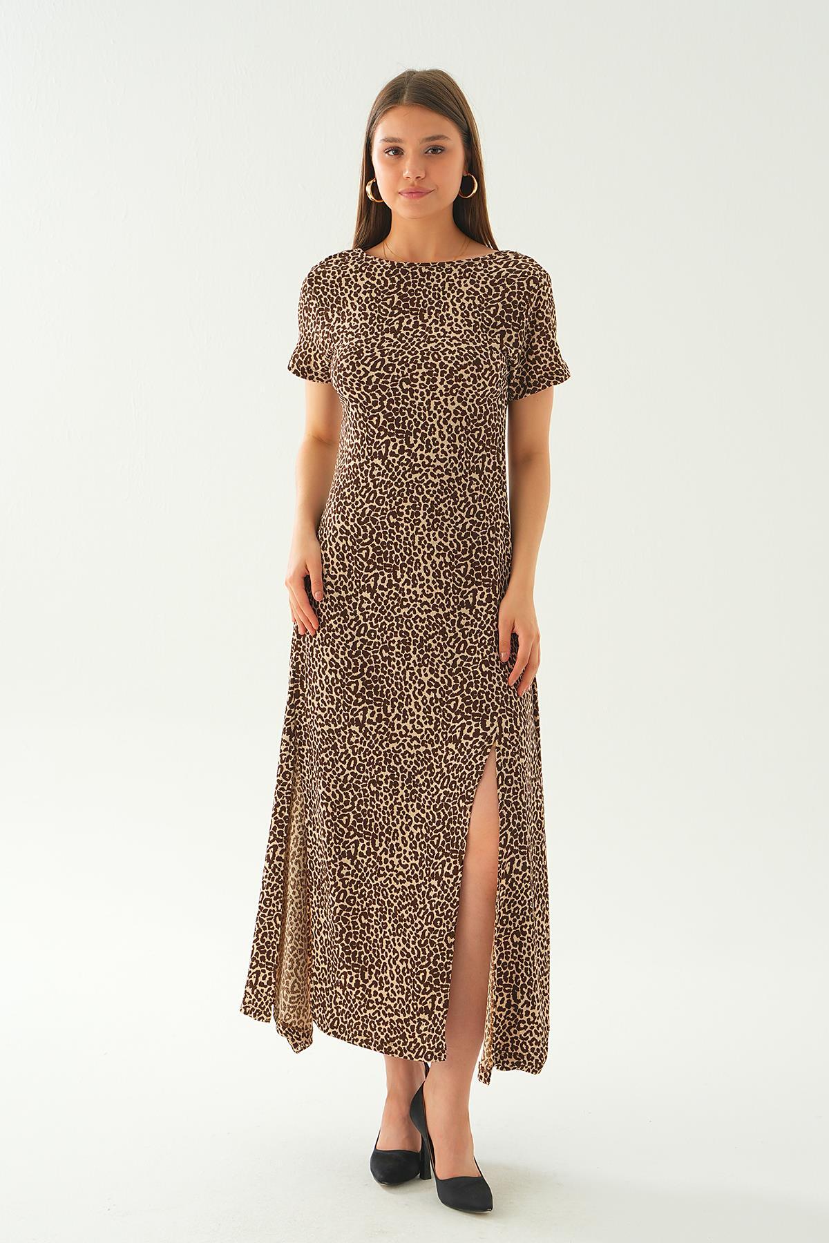 410 Ön yırtmaçlı elbise Kahve - 4