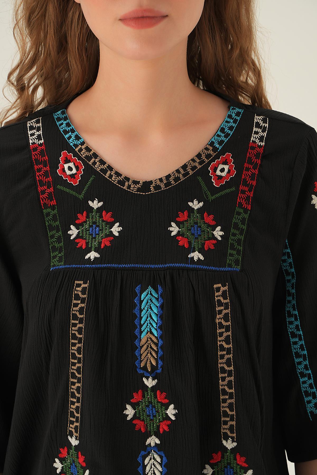 4100 Etnik Desen Bluz Siyah - 2