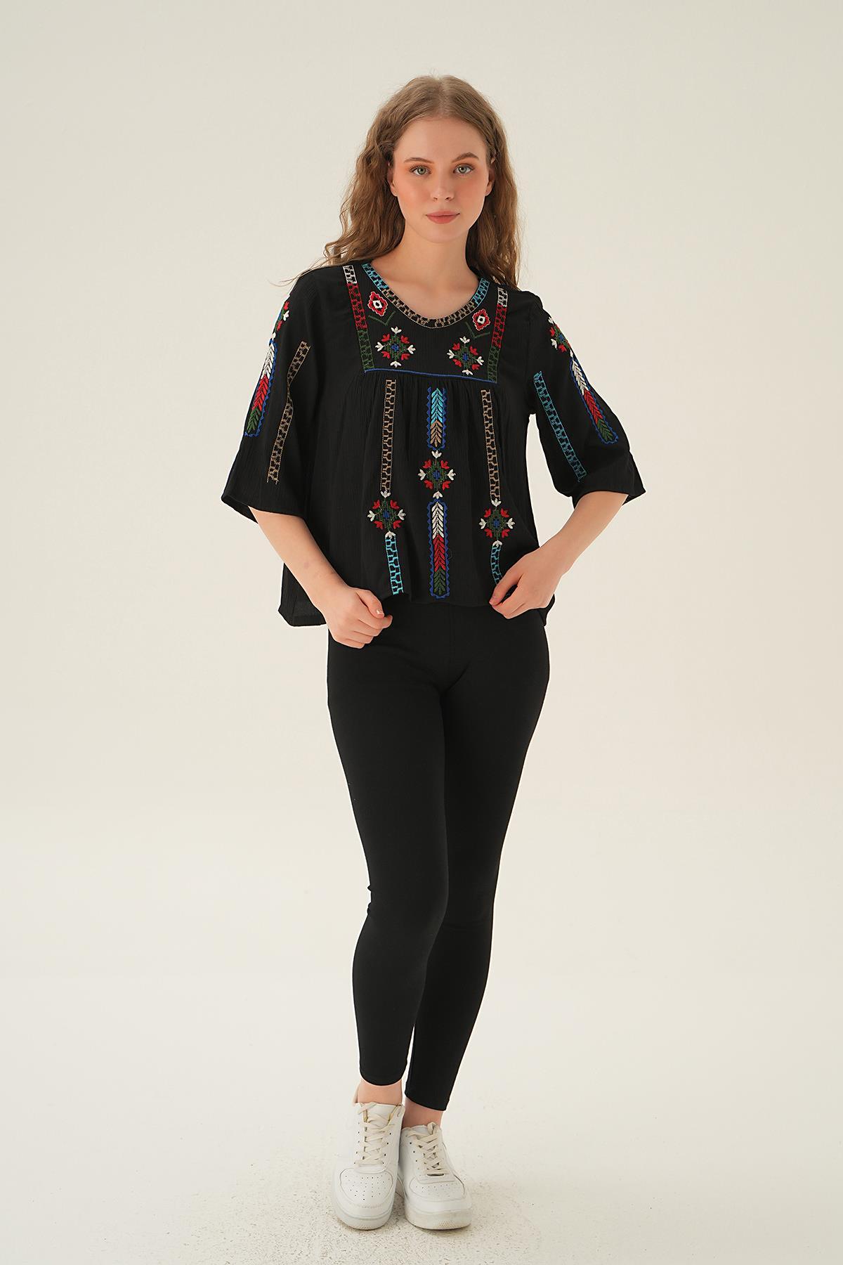 4100 Etnik Desen Bluz Siyah - 5