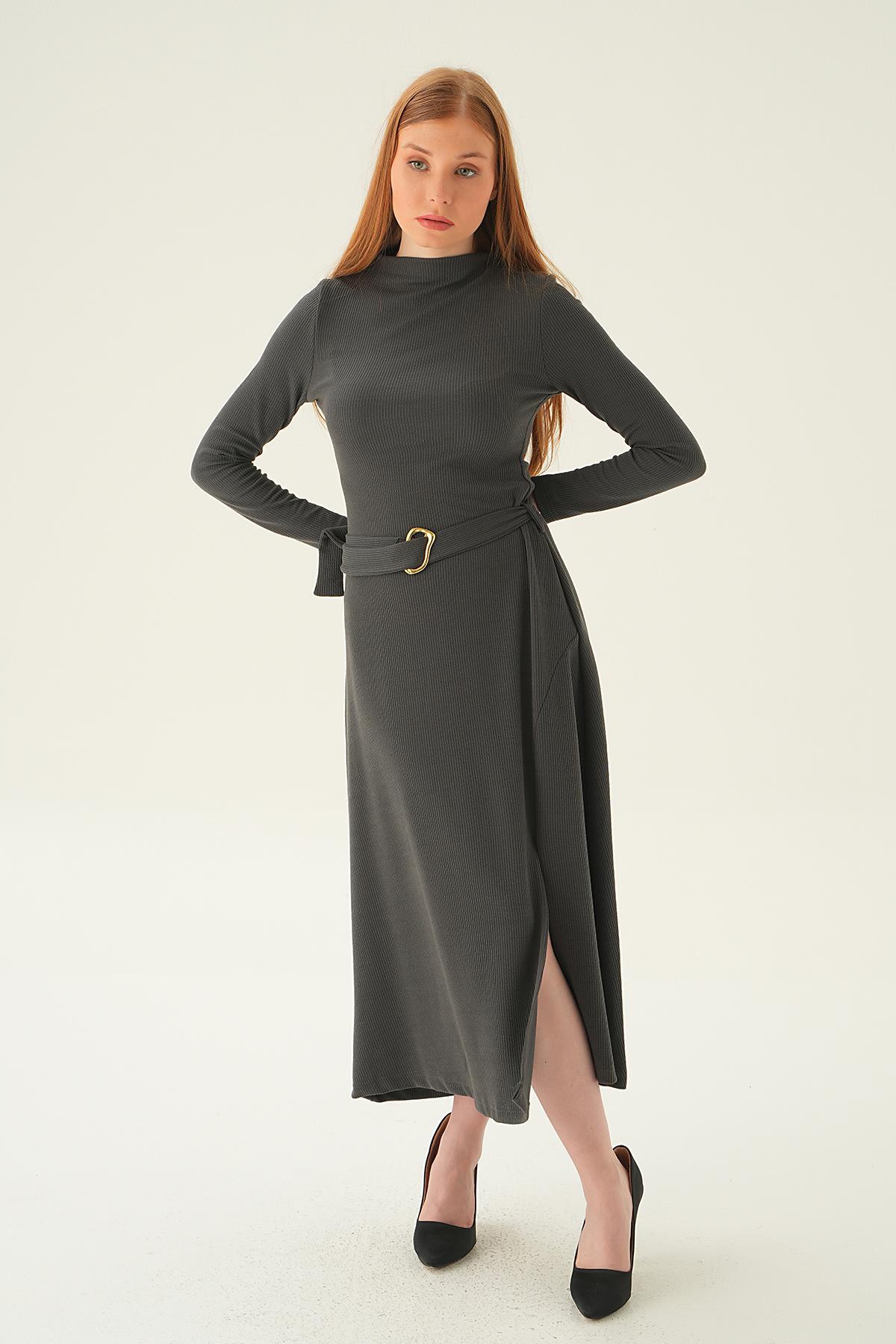 4100 Kemer Detay Elbise Füme - 2