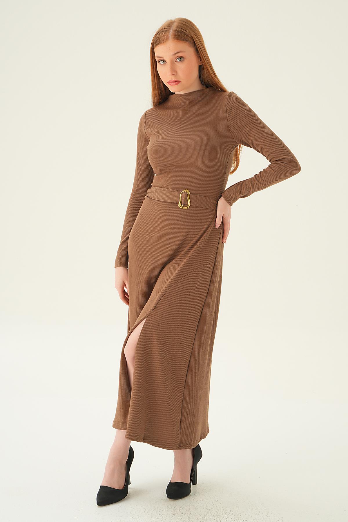 4100 Kemer Detay Elbise Kahve - 2