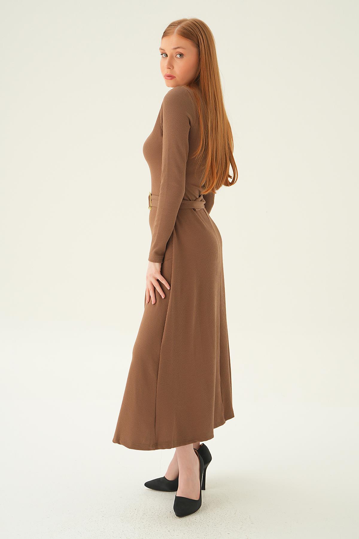 4100 Kemer Detay Elbise Kahve - 3