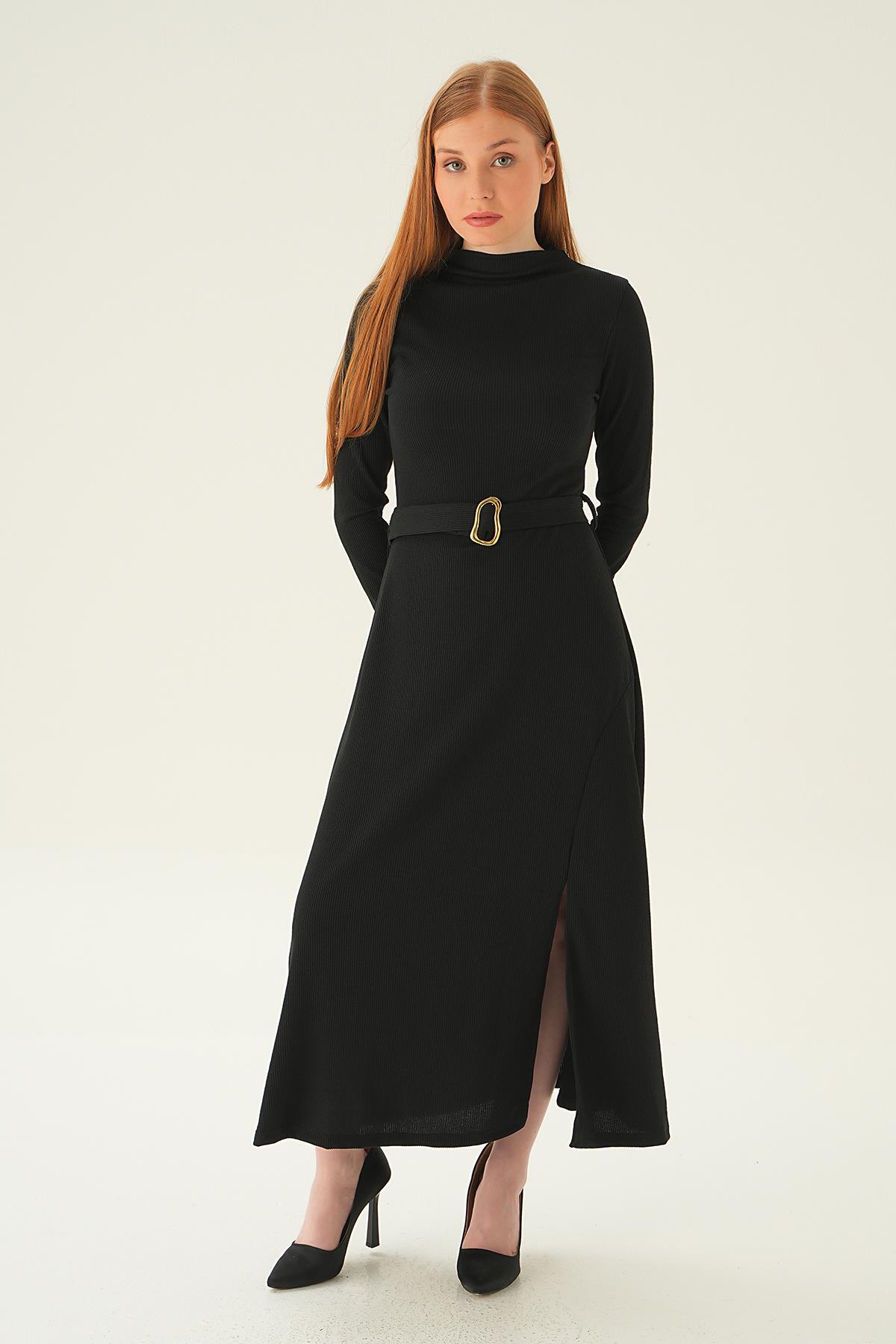 4100 Kemer Detay Elbise Siyah - 1