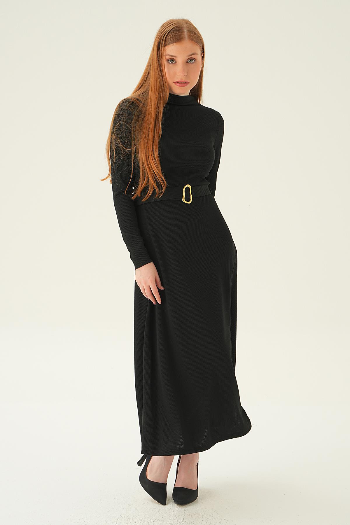 4100 Kemer Detay Elbise Siyah - 2