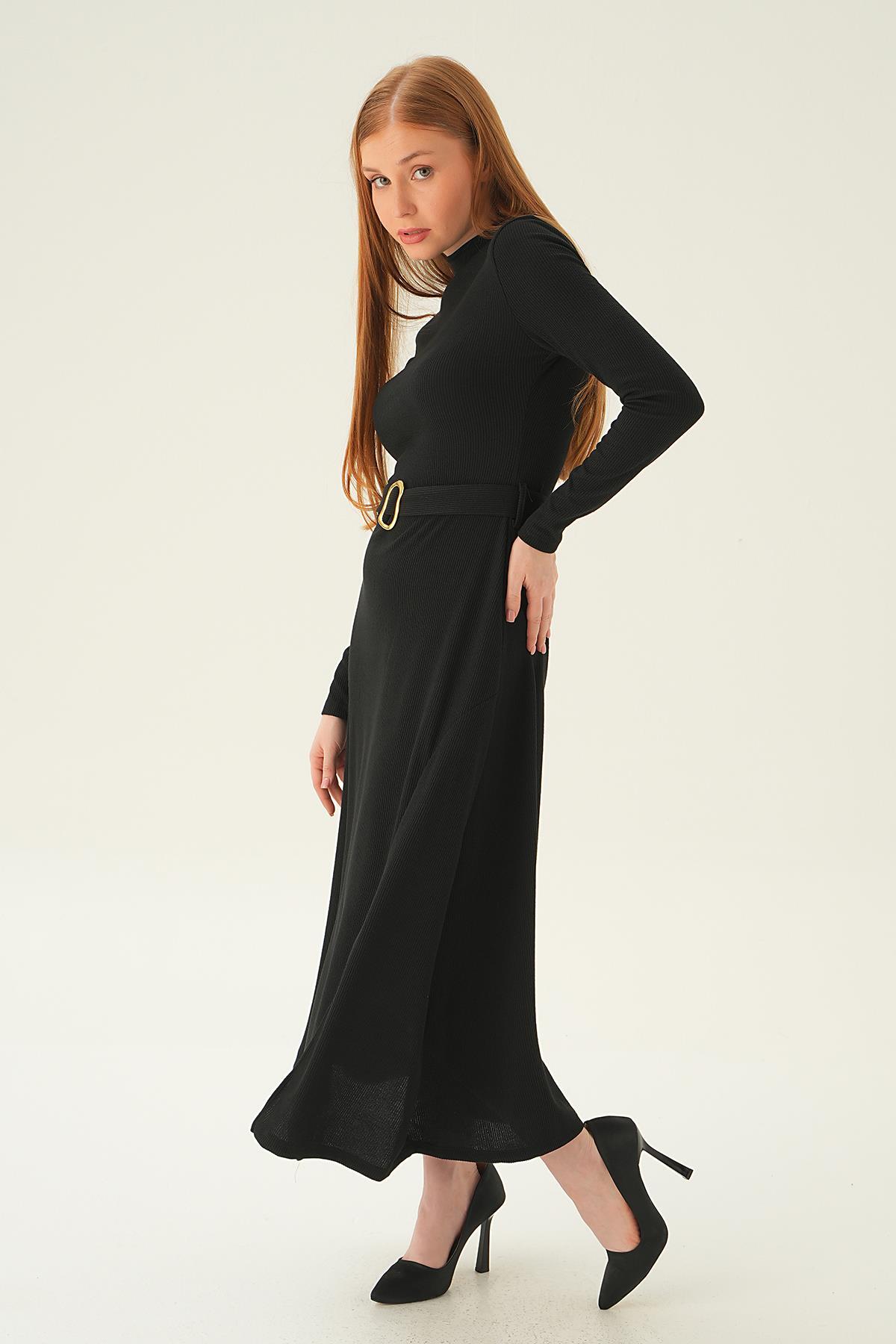 4100 Kemer Detay Elbise Siyah - 4