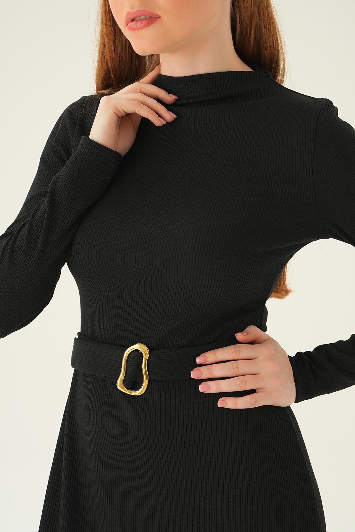 4100 Kemer Detay Elbise Siyah - 6