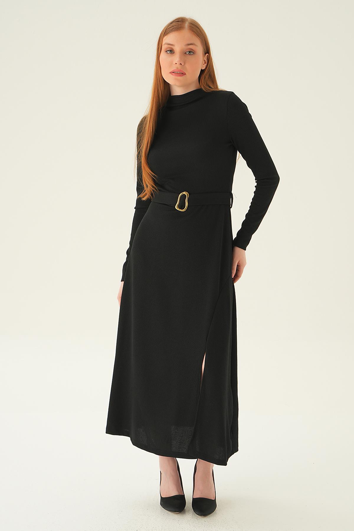 Siyah Kemer Detay Elbise 4100 - 3