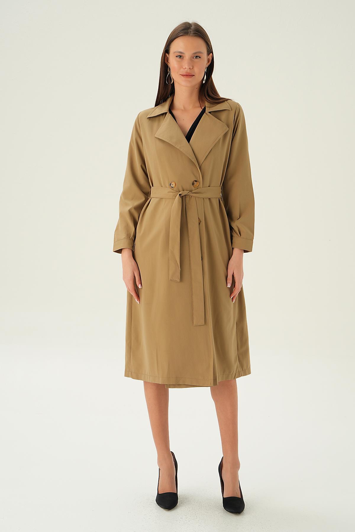 4102A Kemer Detay Düğmeli Trençkot Bej 