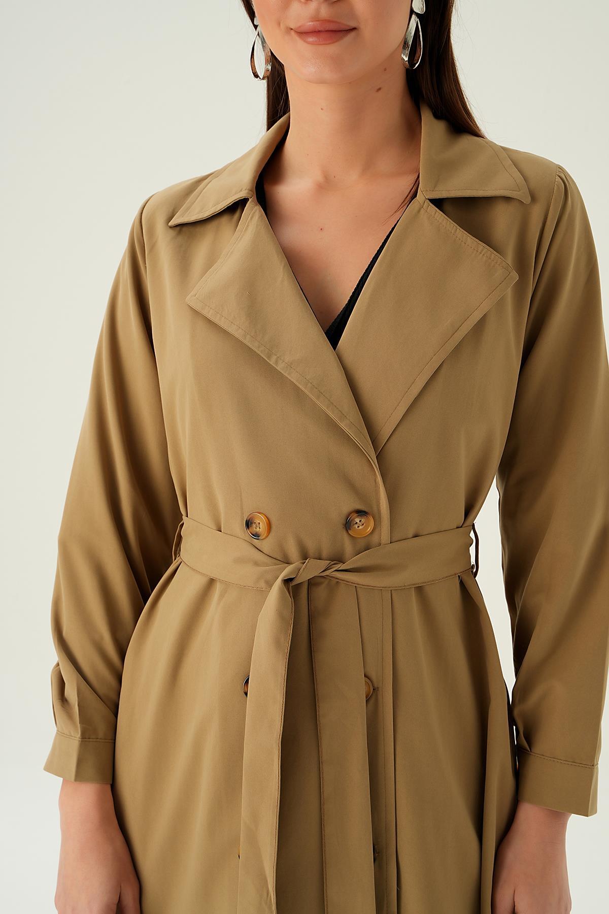 Bej Kemer Detay Düğmeli Trençkot 4102A - 4