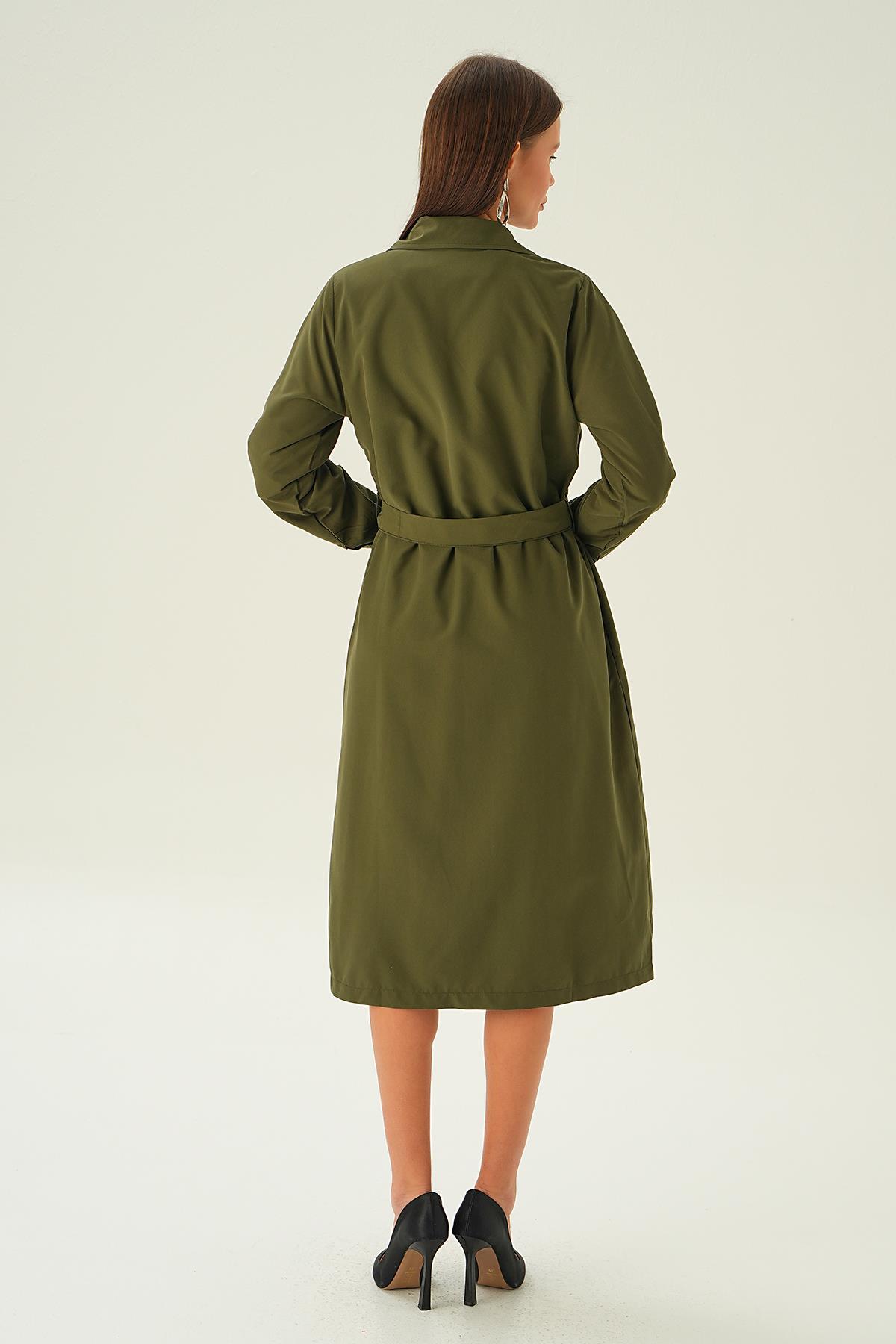 4102A Kemer Detay Düğmeli Trençkot Haki - 4