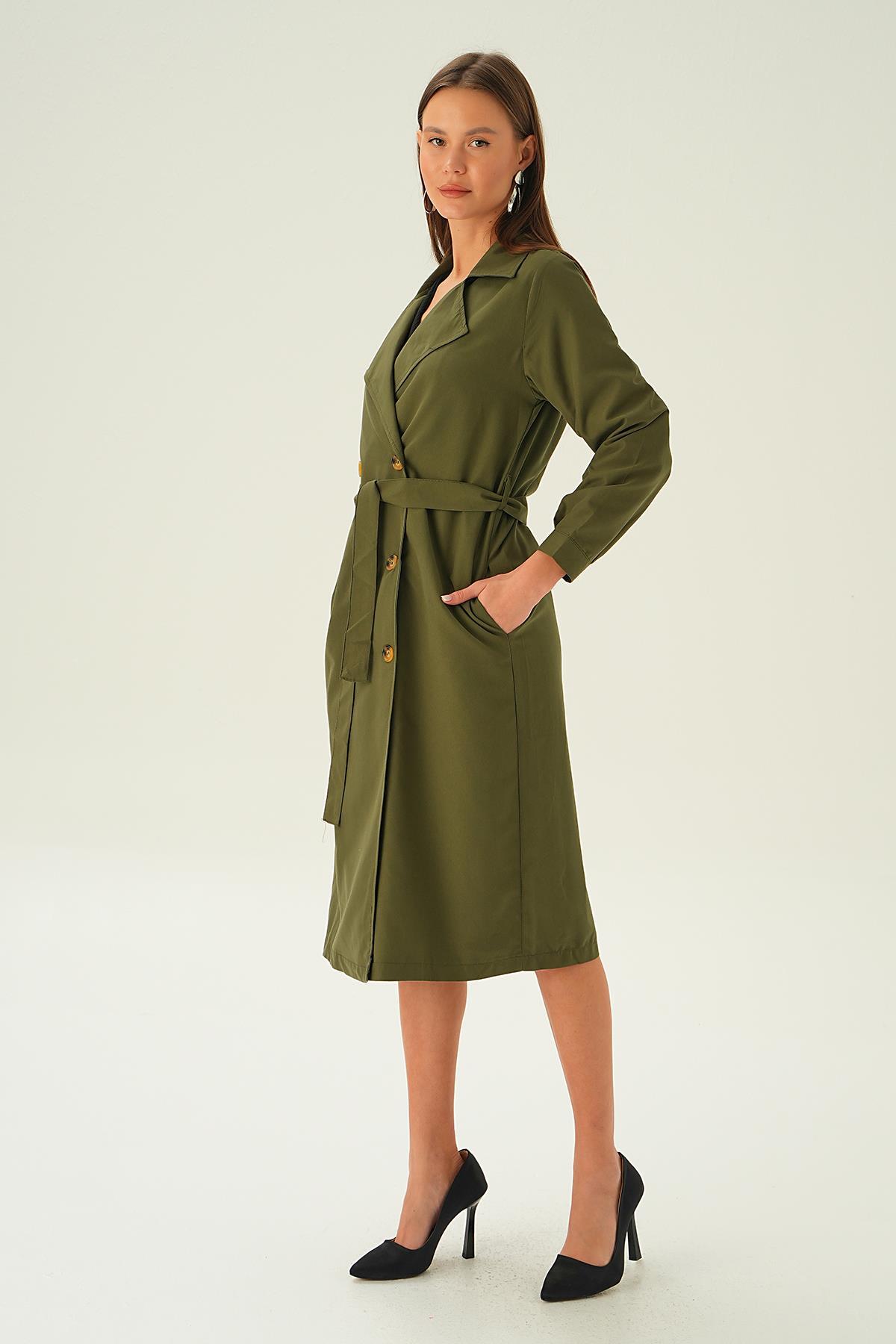 Haki Kemer Detay Düğmeli Trençkot 4102A - 1