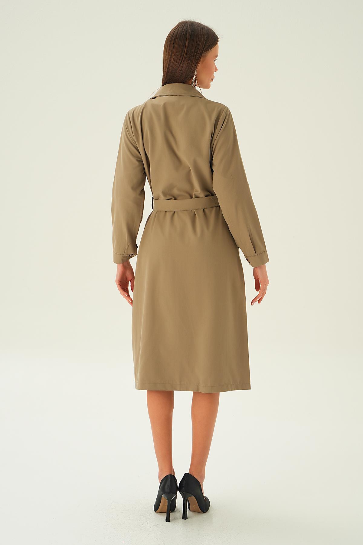4102A Kemer Detay Düğmeli Trençkot Kahve - 4