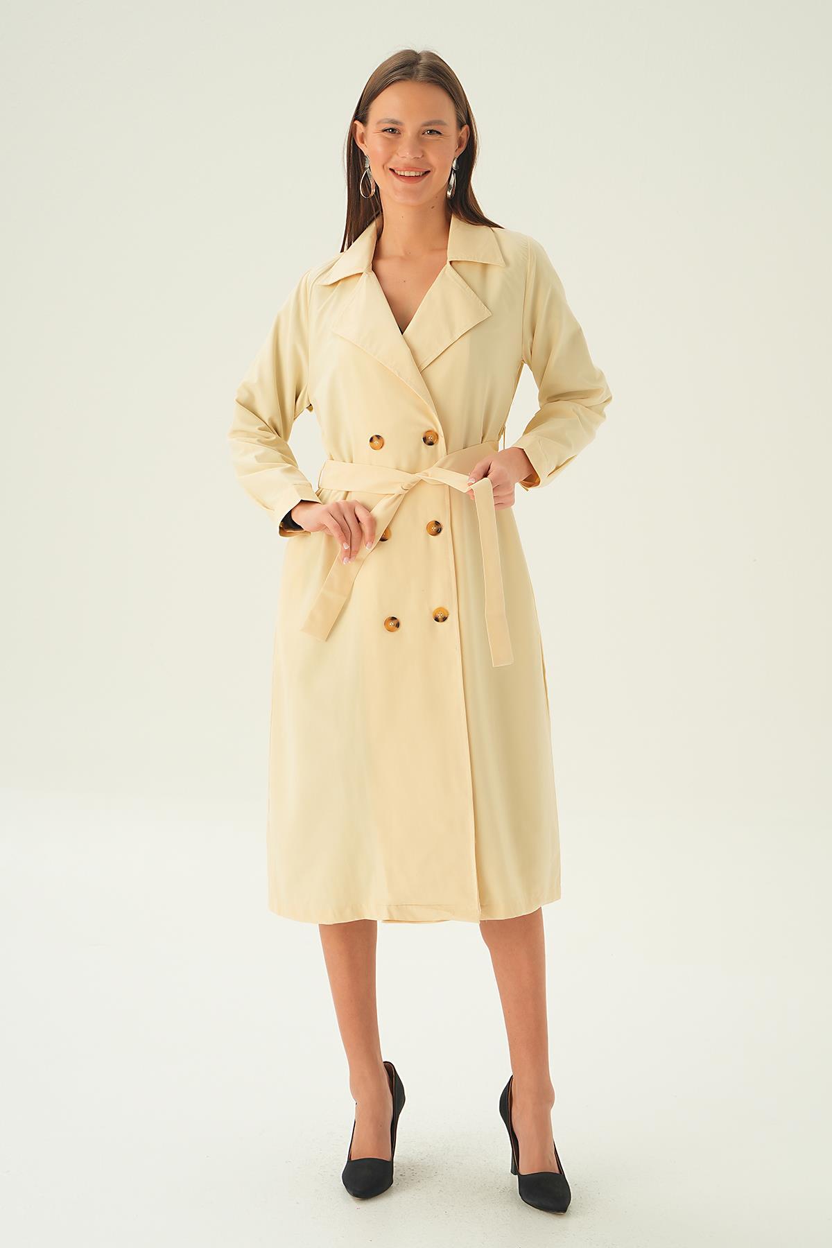 Krem Kemer Detay Düğmeli Trençkot 4102A - 2