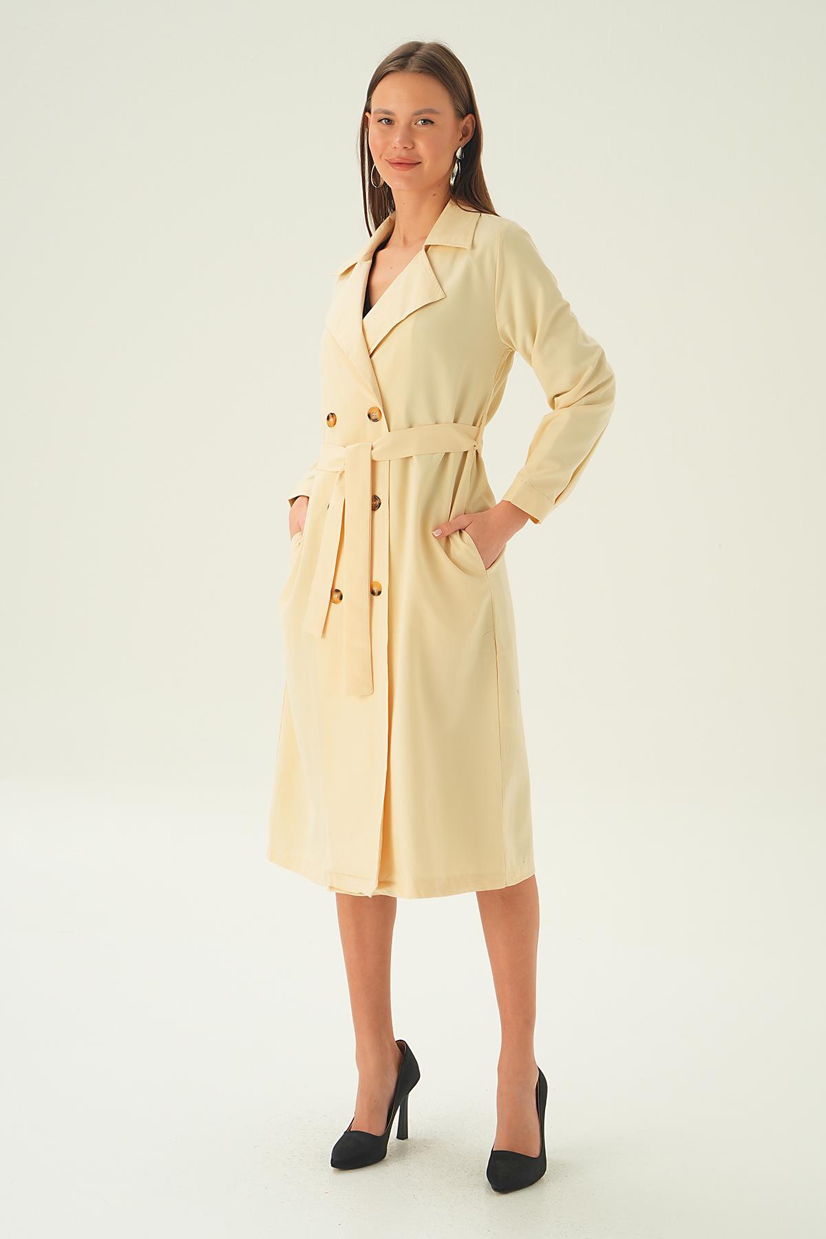 Krem Kemer Detay Düğmeli Trençkot 4102A - 3