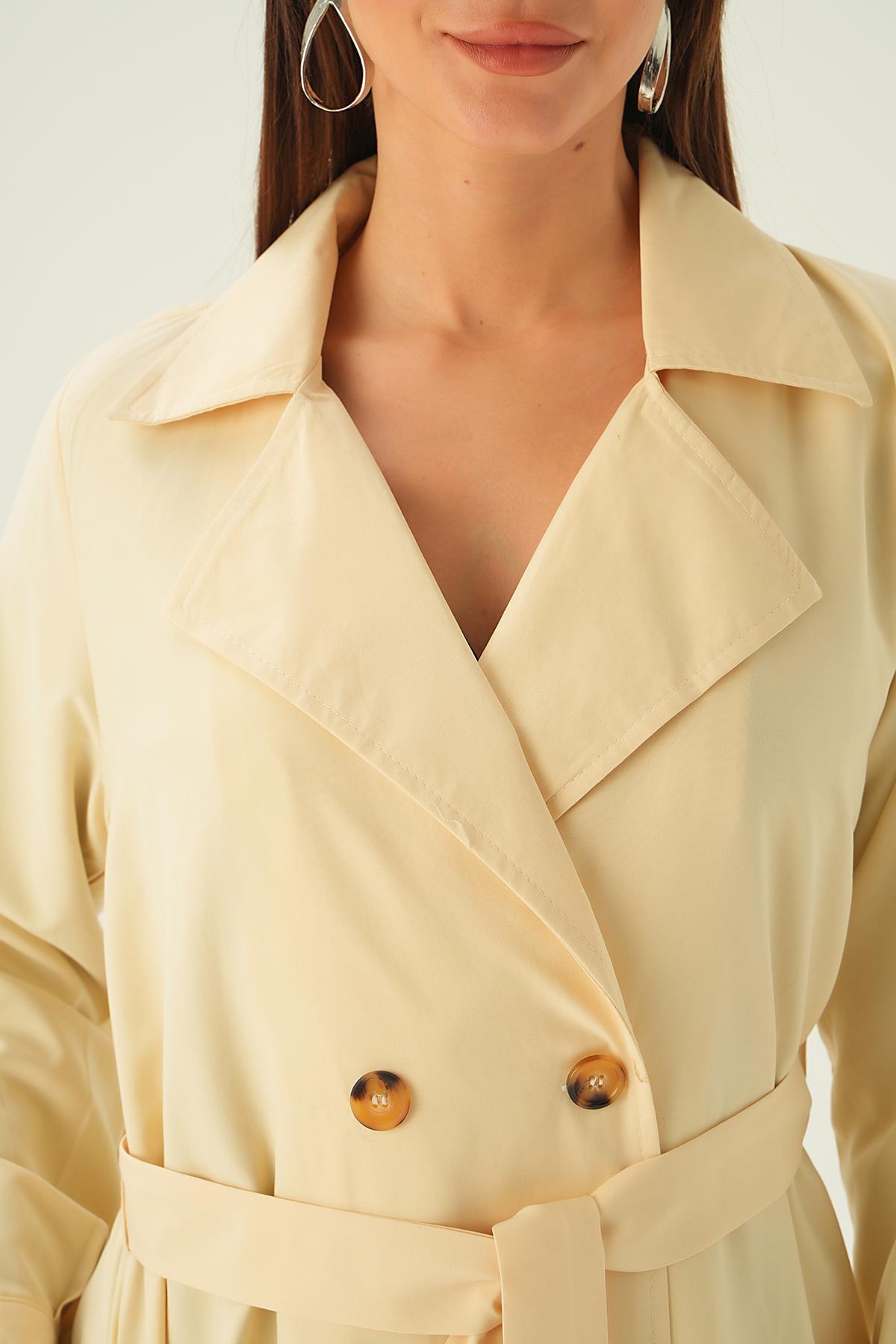 Krem Kemer Detay Düğmeli Trençkot 4102A - 5