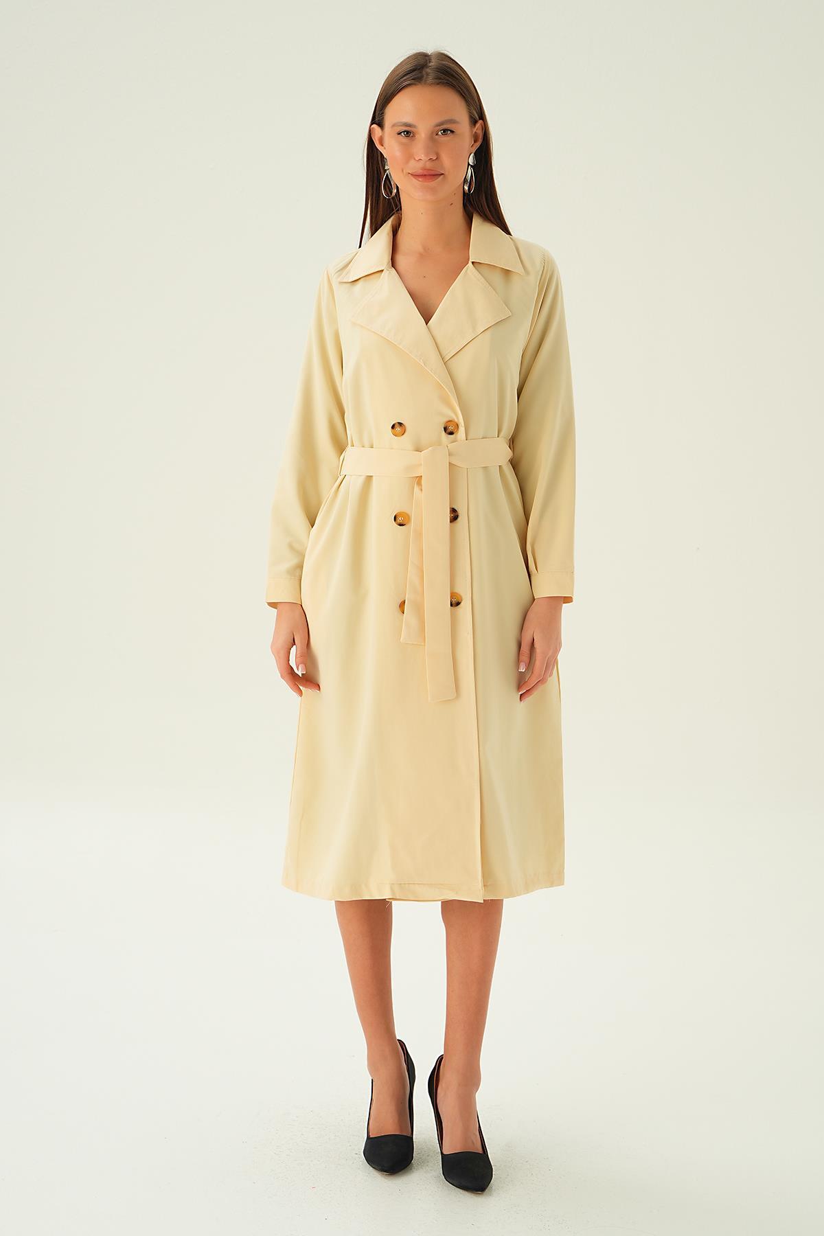 Krem Kemer Detay Düğmeli Trençkot 4102A - 6