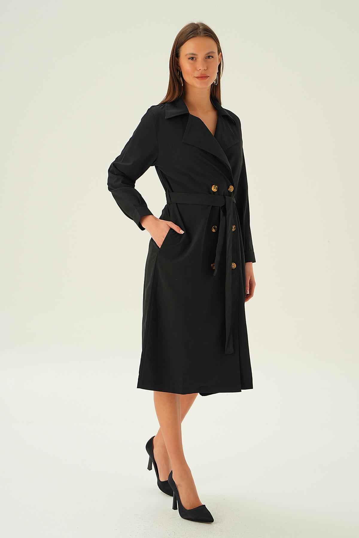 4102A Kemer Detay Düğmeli Trençkot Siyah - 2