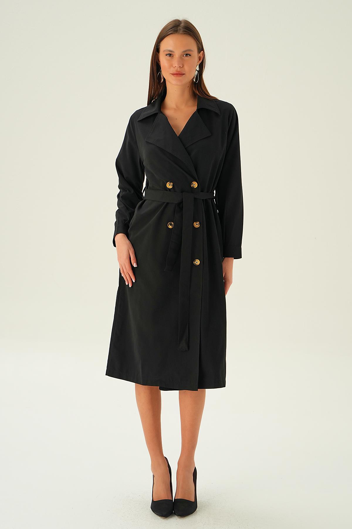 4102A Kemer Detay Düğmeli Trençkot Siyah - 3