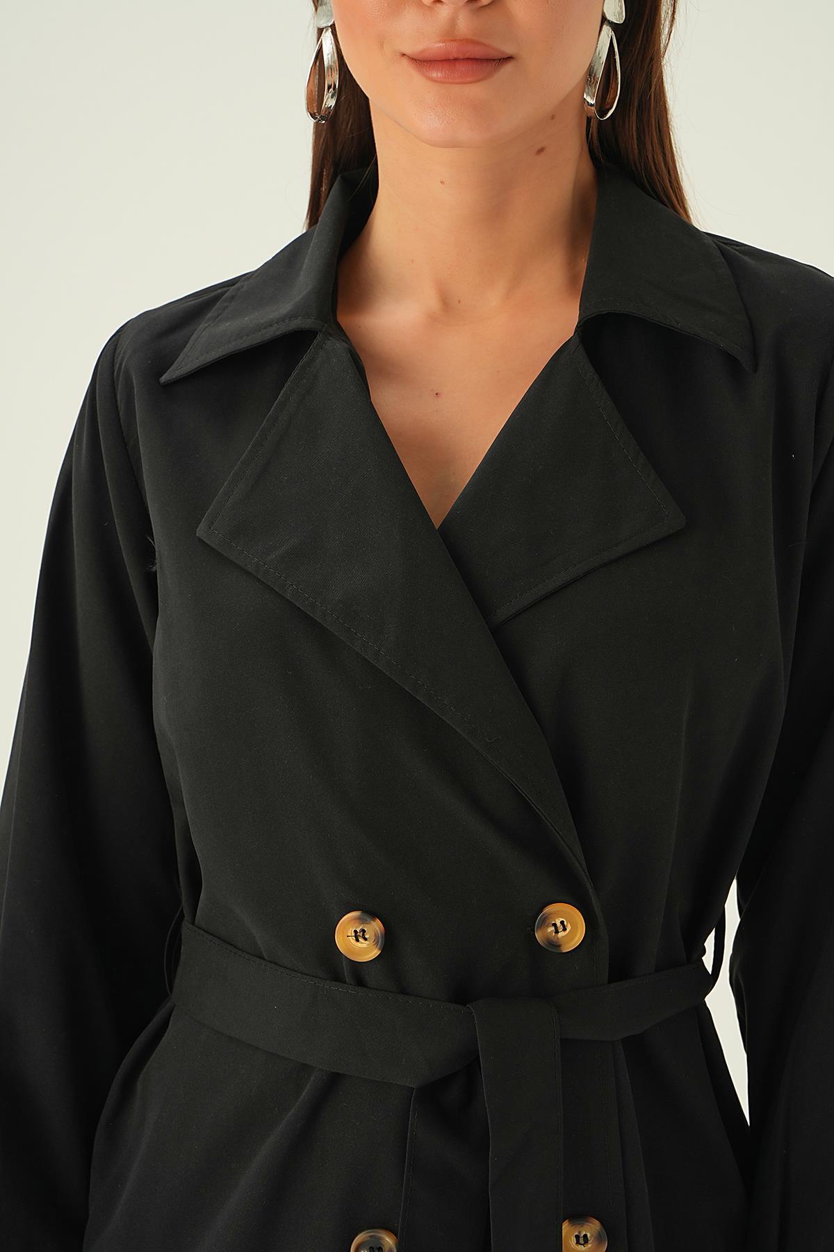 4102A Kemer Detay Düğmeli Trençkot Siyah - 6