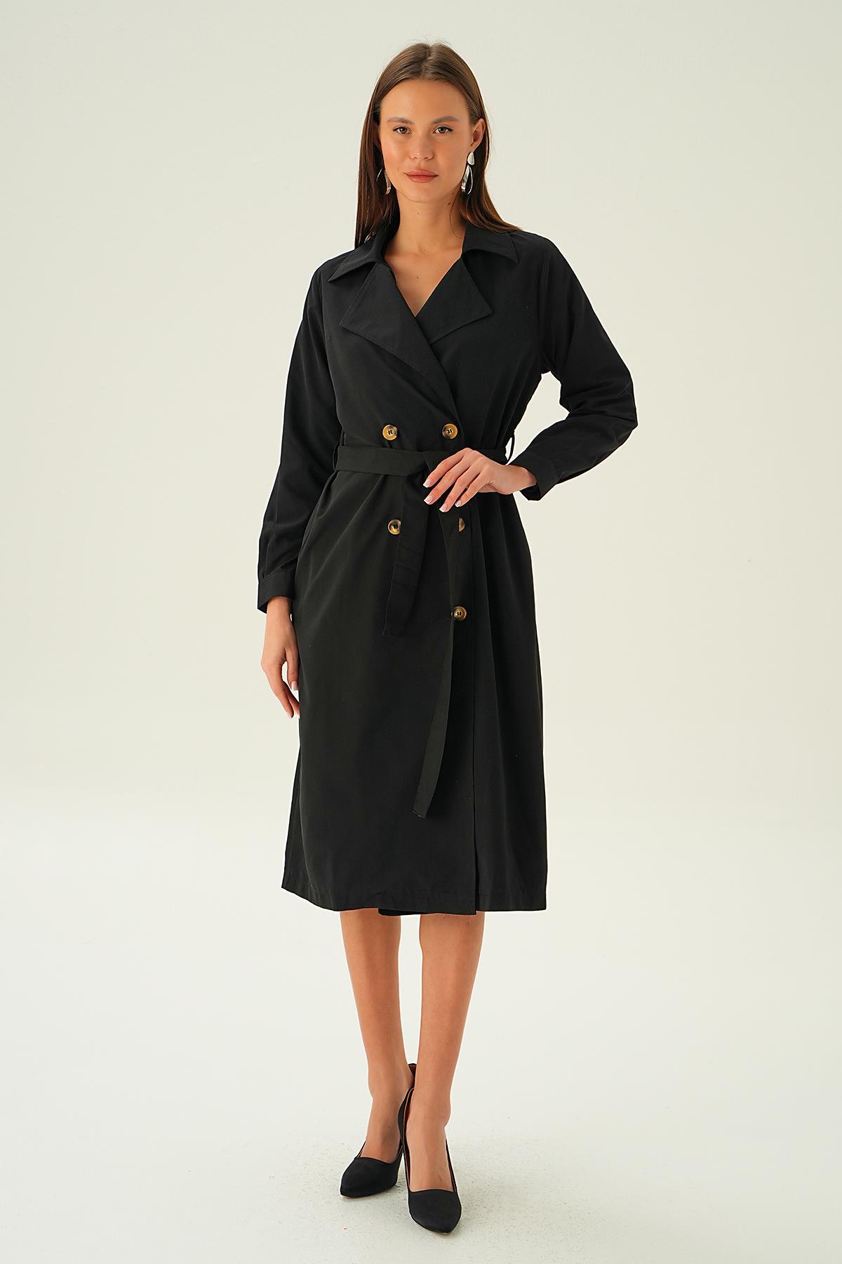 4102A Kemer Detay Düğmeli Trençkot Siyah 