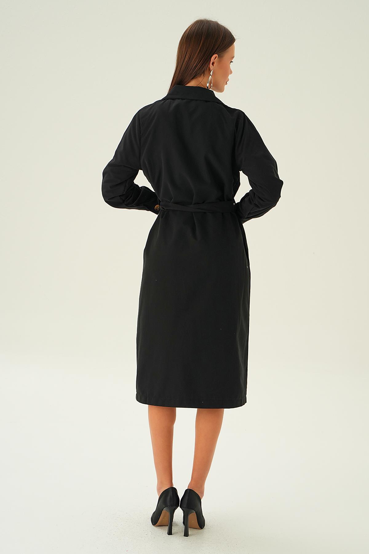 4102A Kemer Detay Düğmeli Trençkot Siyah - 5